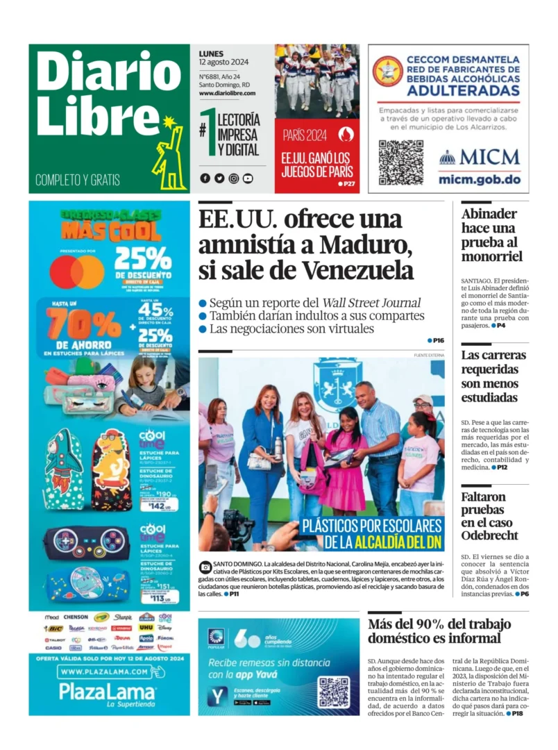 Portada Periódico Diario Libre, Lunes 12 Agosto, 2024