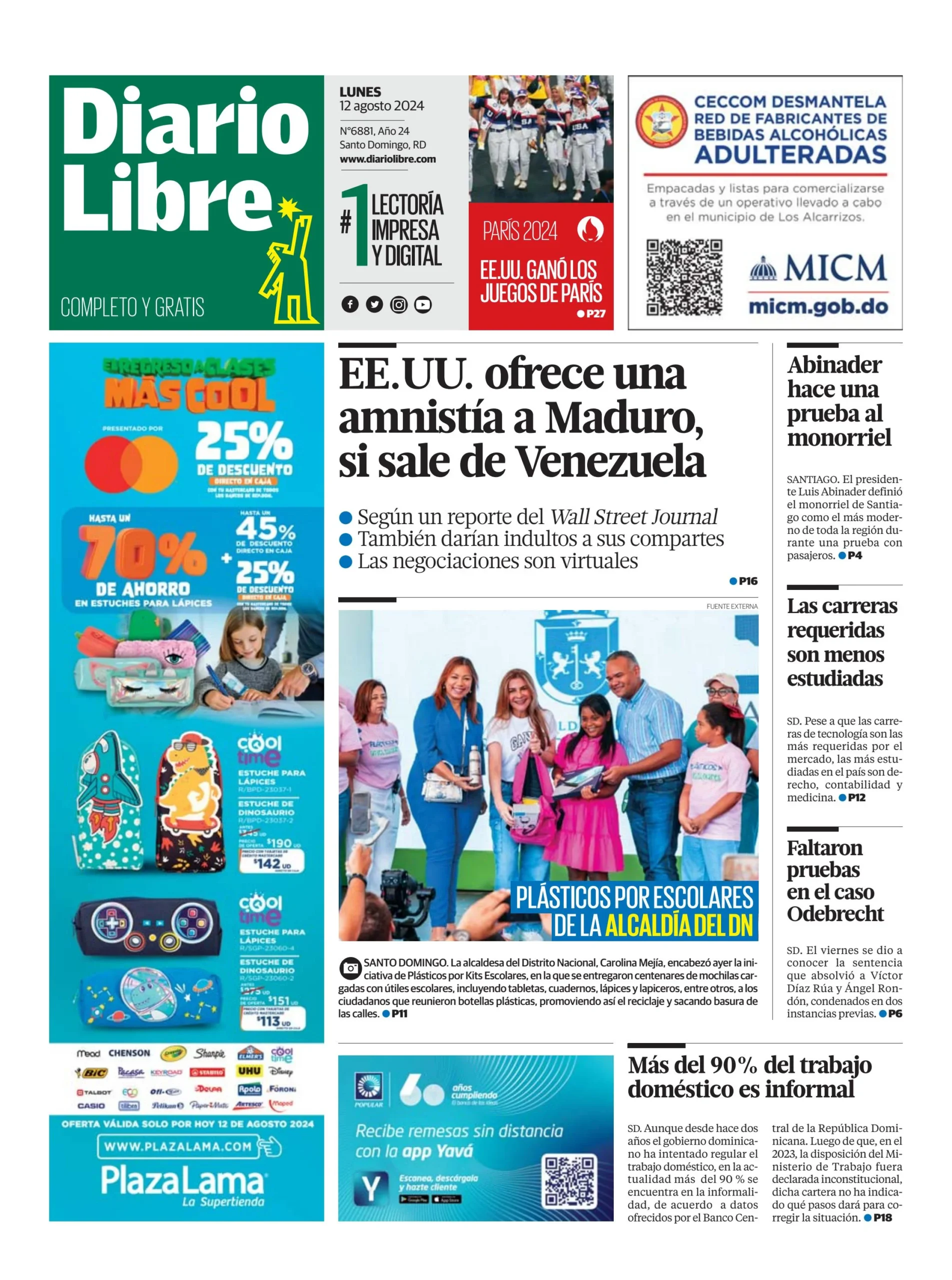 Portada Periódico Diario Libre, Lunes 12 Agosto, 2024