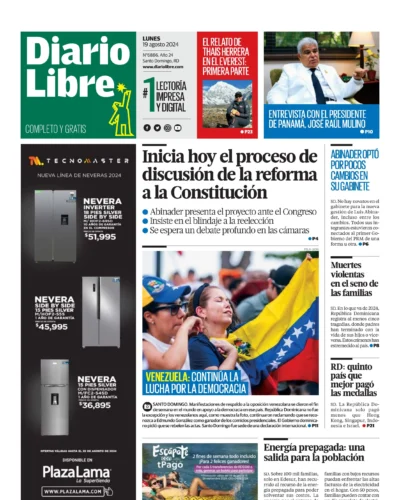 Portada Periódico Diario Libre, Lunes 19 Agosto, 2024