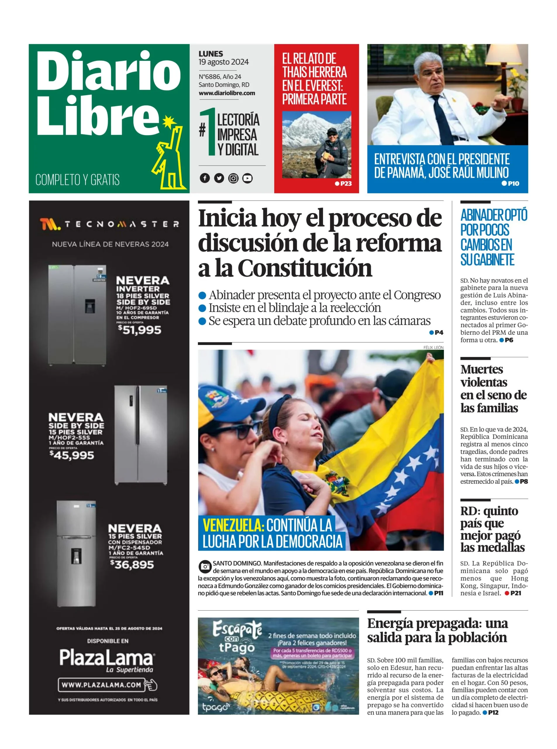 Portada Periódico Diario Libre, Lunes 19 Agosto, 2024