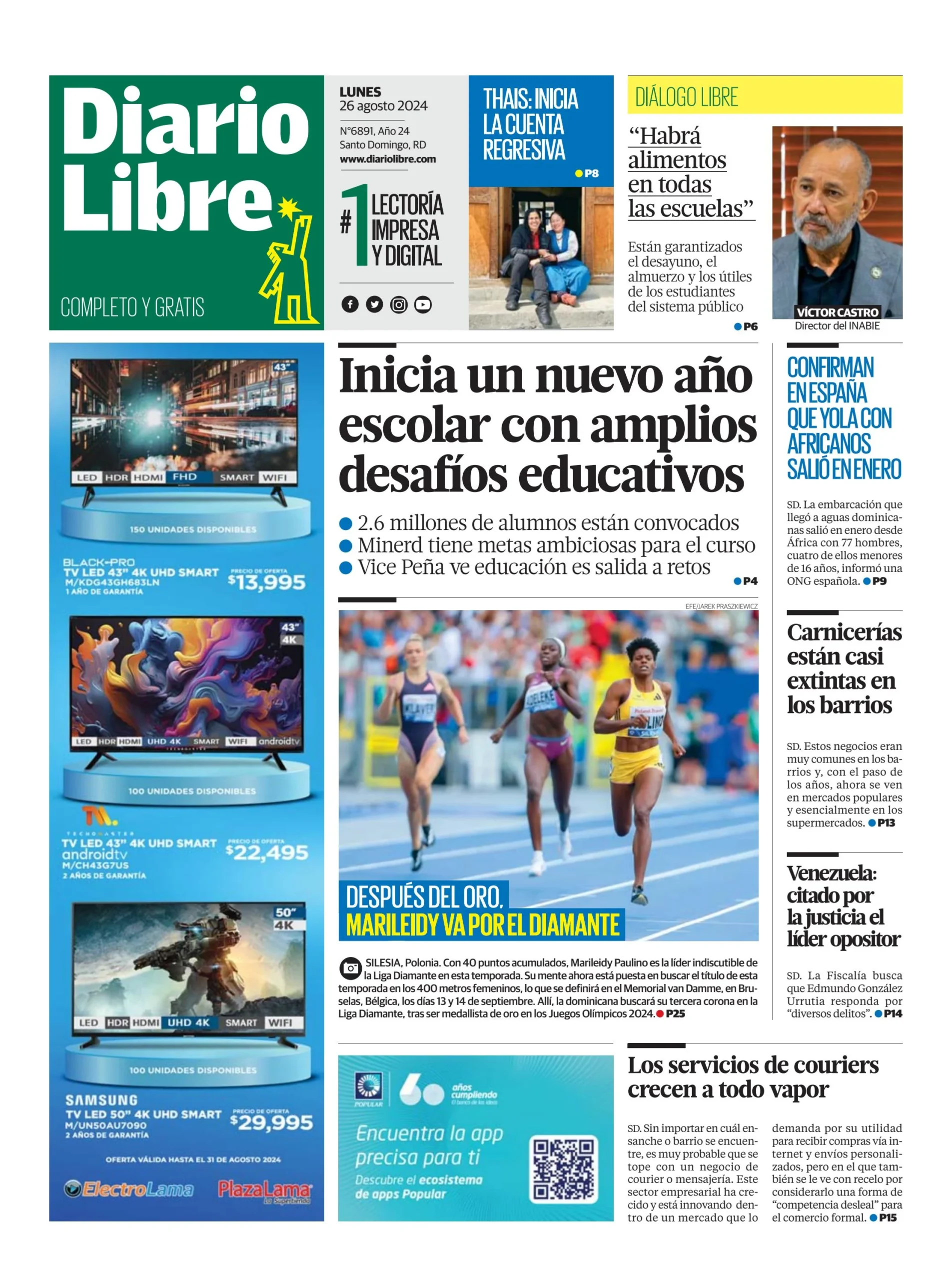 Portada Periódico Diario Libre, Lunes 26 Agosto, 2024