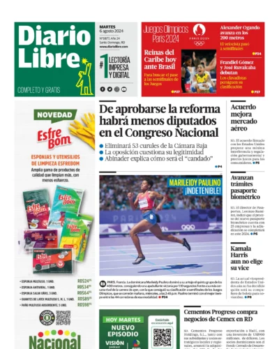 Portada Periódico Diario Libre, Martes 06 Agosto, 2024