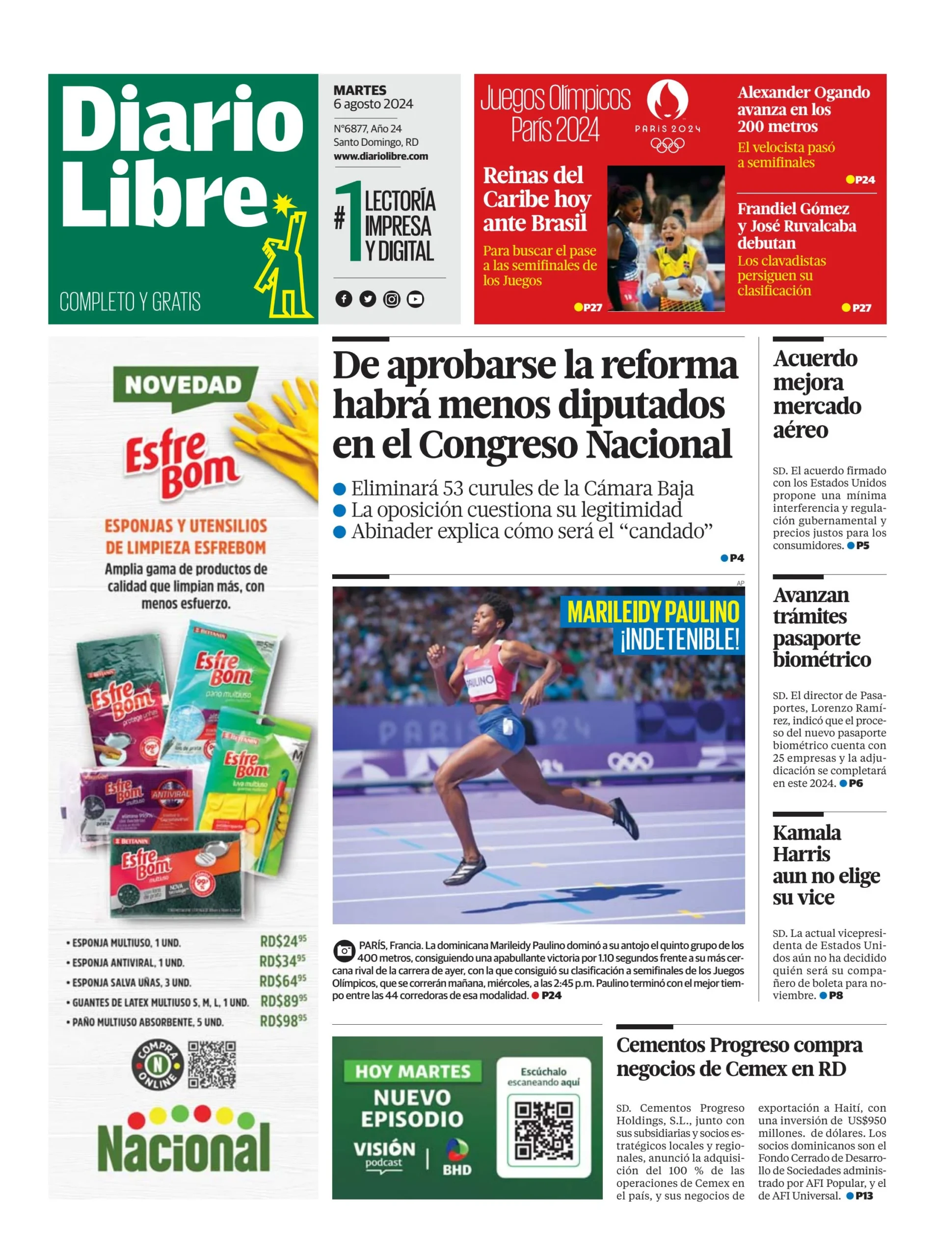 Portada Periódico Diario Libre, Martes 06 Agosto, 2024