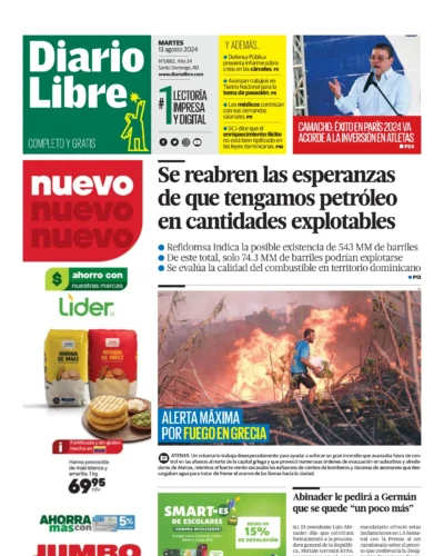 Portada Periódico Diario Libre, Martes 13 Agosto, 2024