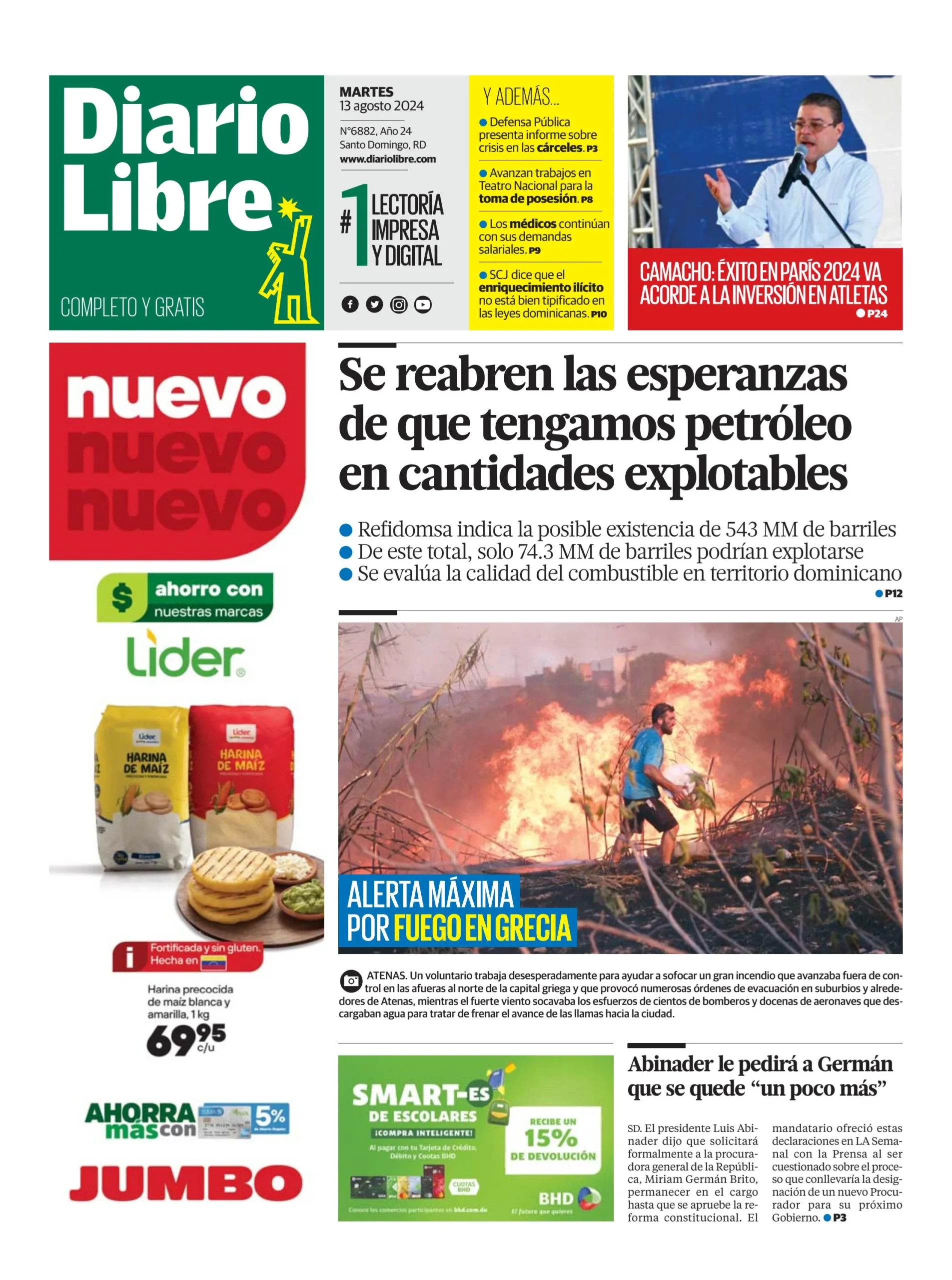 Portada Periódico Diario Libre, Martes 13 Agosto, 2024