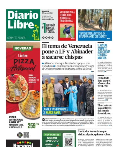 Portada Periódico Diario Libre, Martes 20 Agosto, 2024