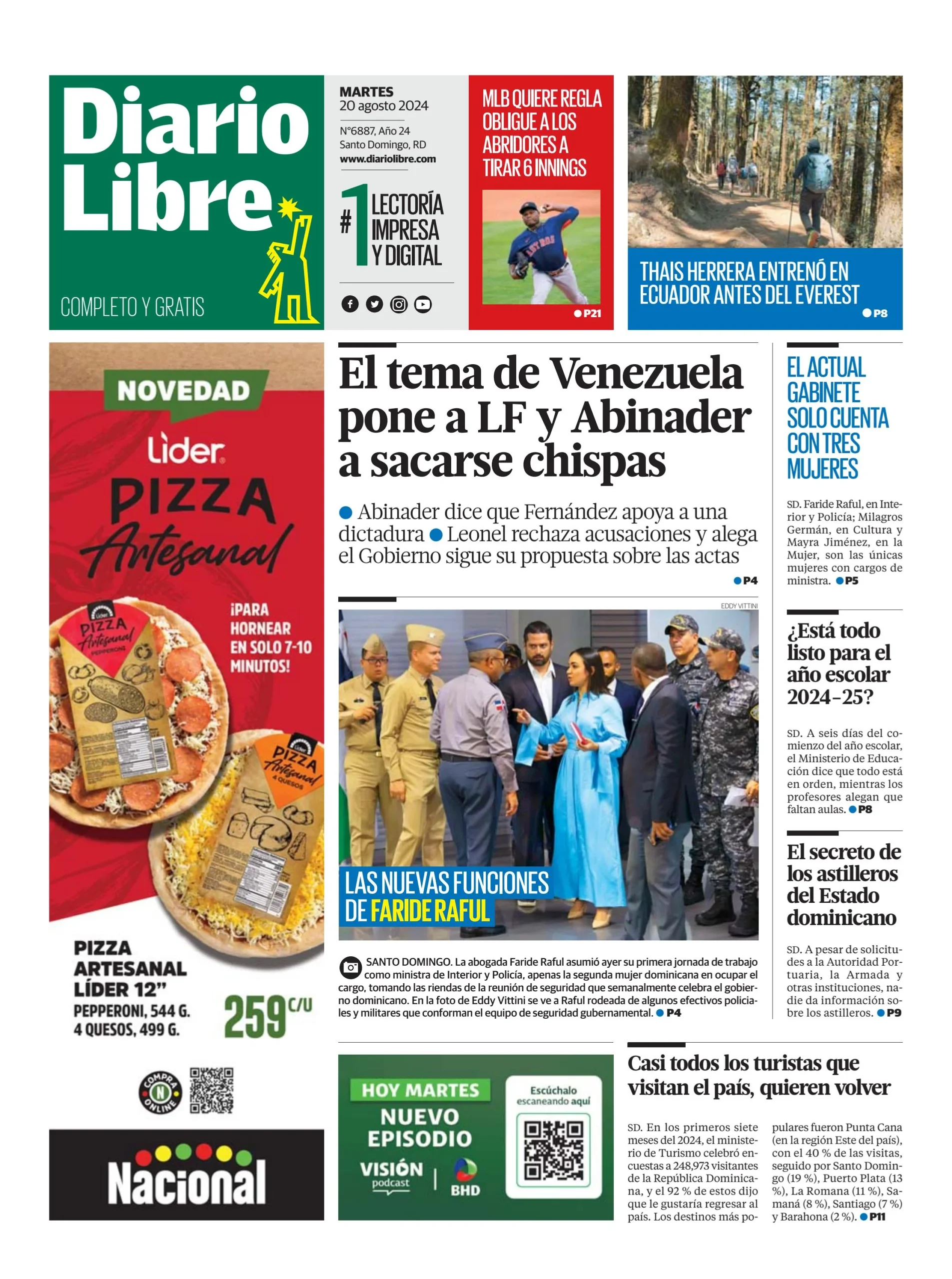 Portada Periódico Diario Libre, Martes 20 Agosto, 2024