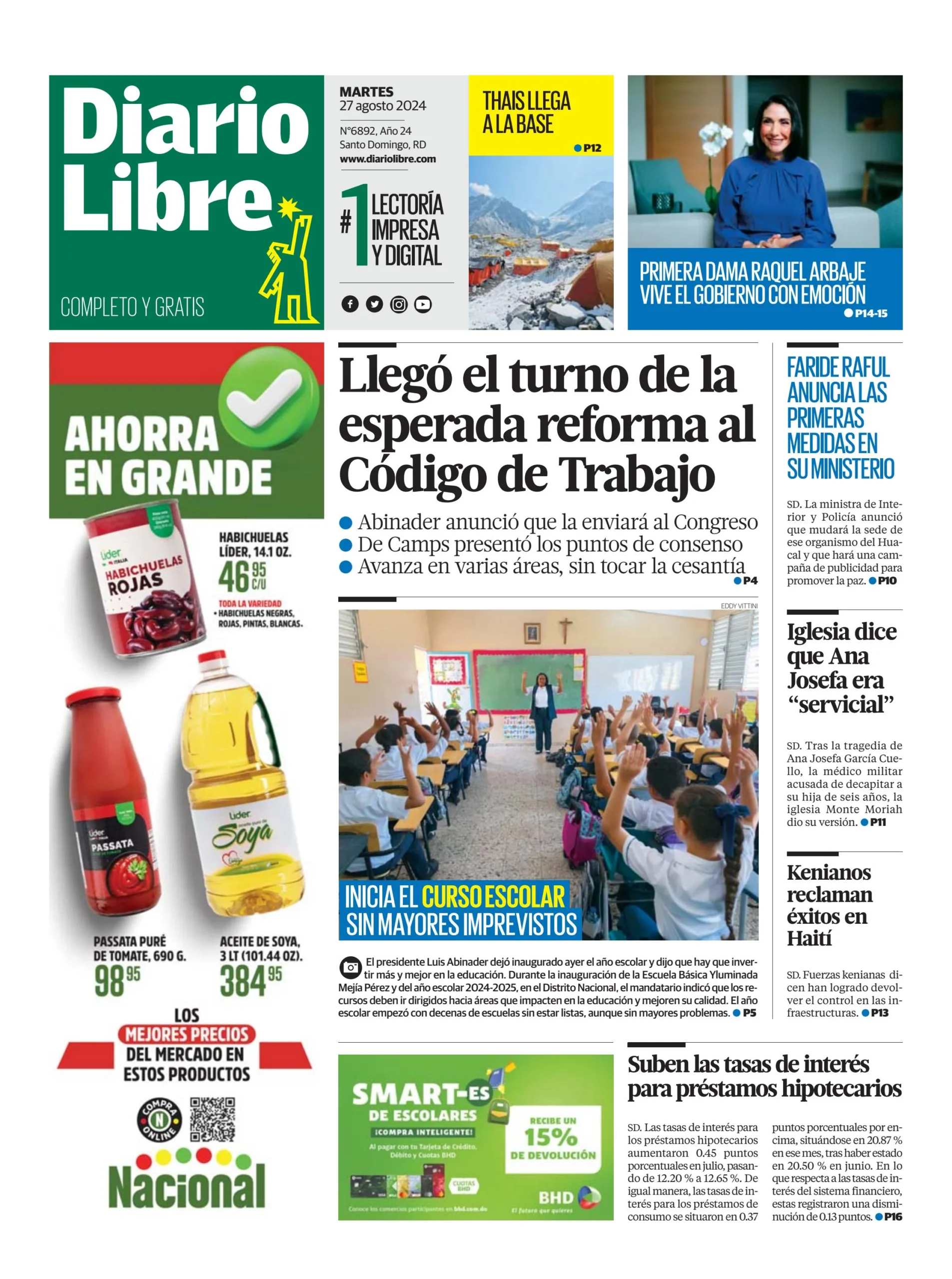 Portada Periódico Diario Libre, Martes 27 Agosto, 2024