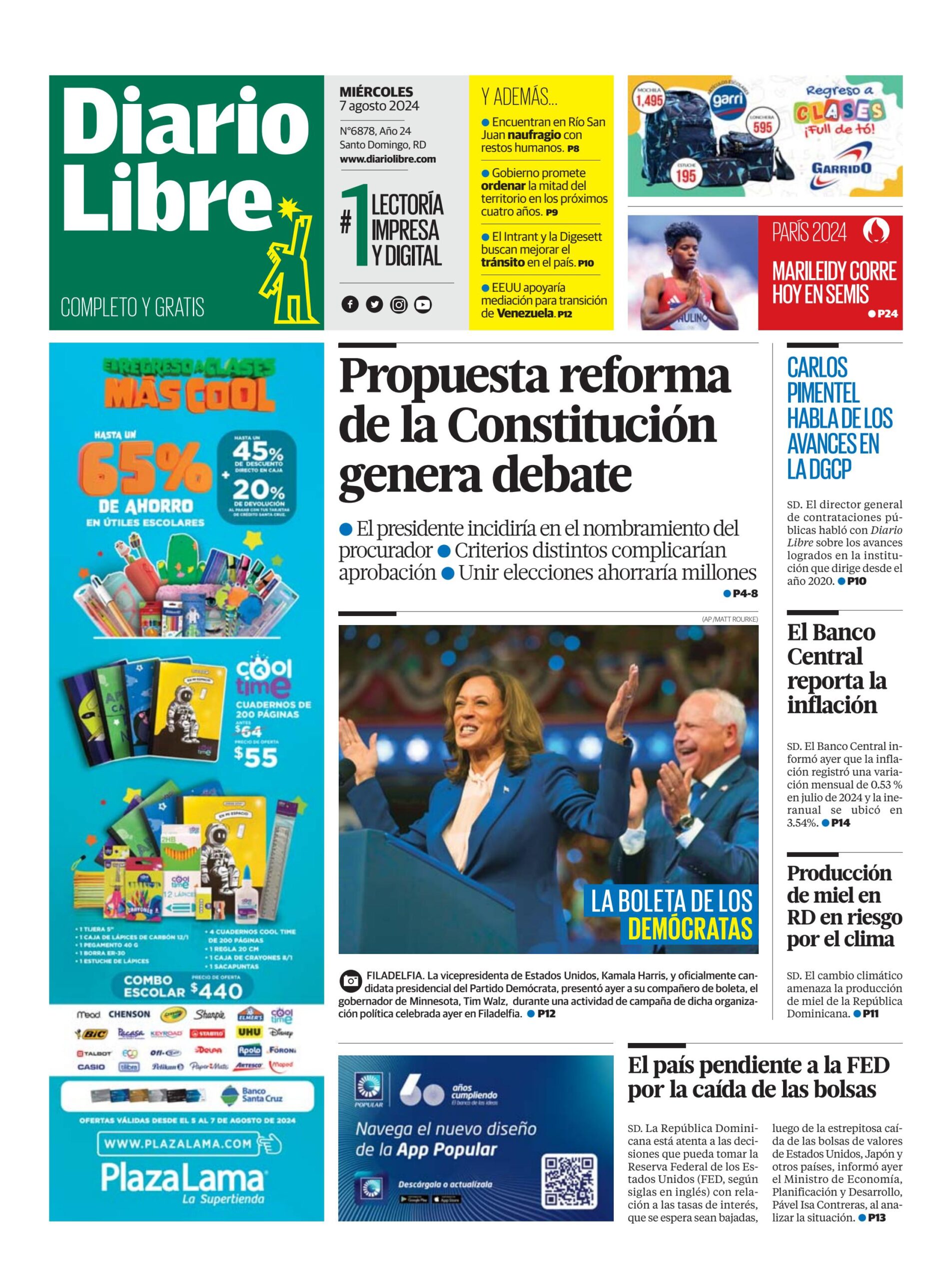 Portada Periódico Diario Libre, Miércoles 07 Agosto, 2024