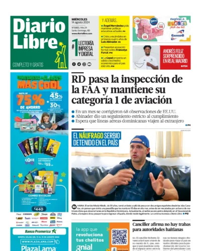 Portada Periódico Diario Libre, Miércoles 14 Agosto, 2024