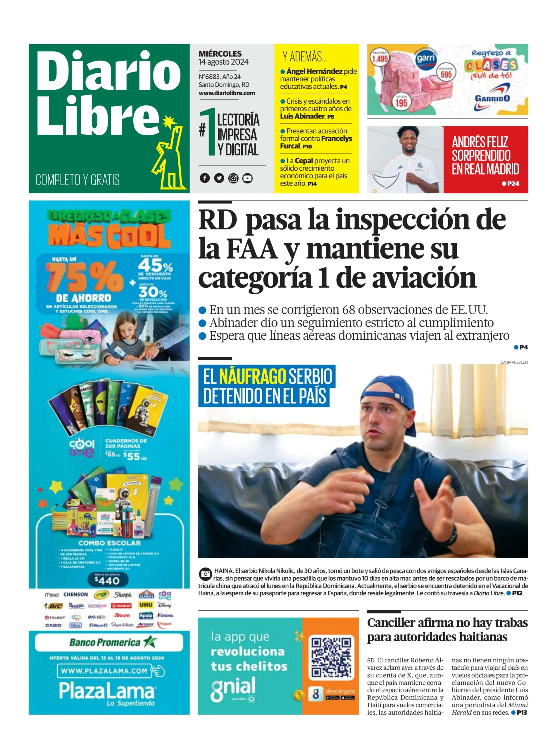 Portada Periódico Diario Libre, Miércoles 14 Agosto, 2024