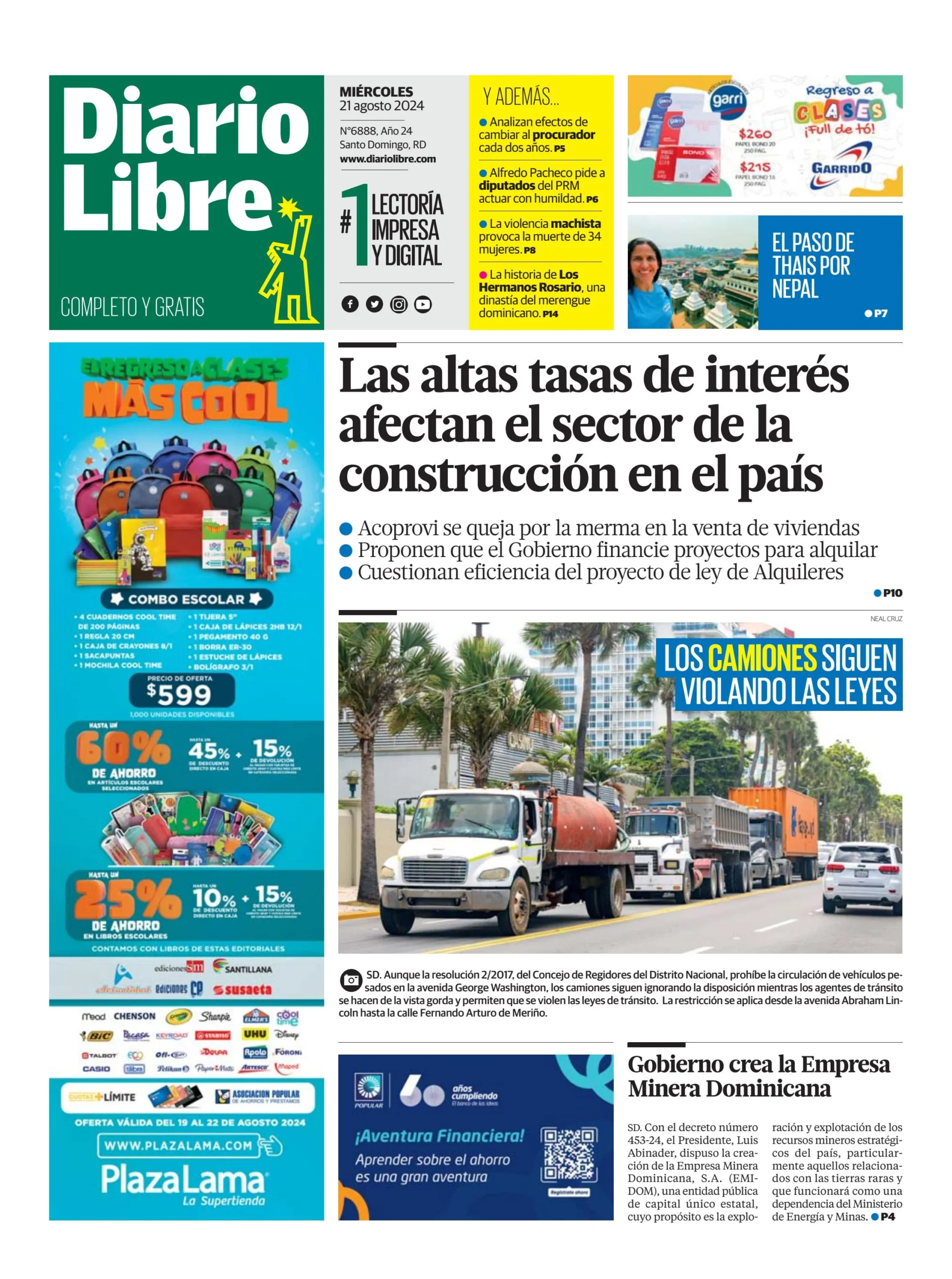 Portada Periódico Diario Libre, Miércoles 21 Agosto, 2024