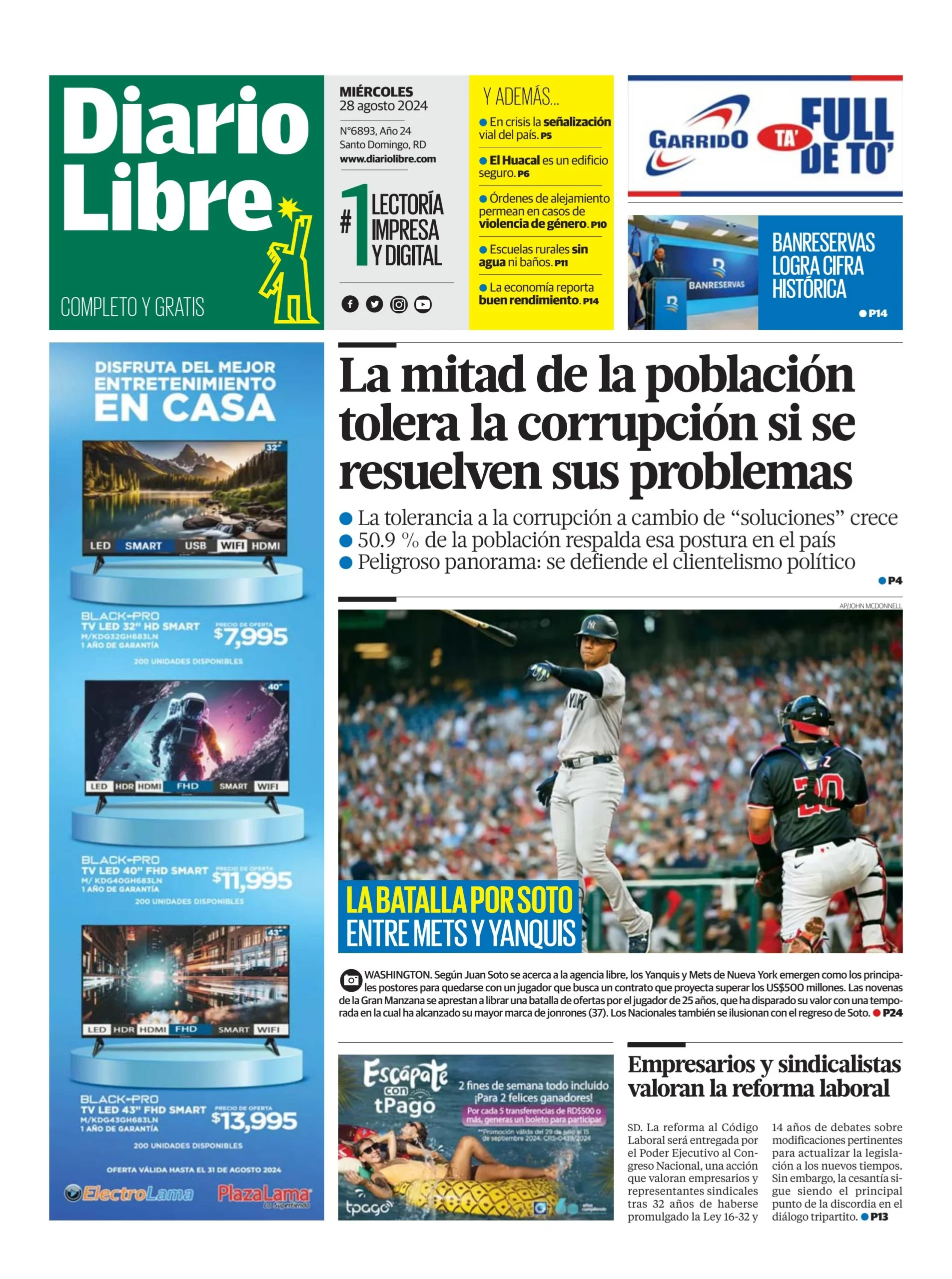 Portada Periódico Diario Libre, Miércoles 28 Agosto, 2024