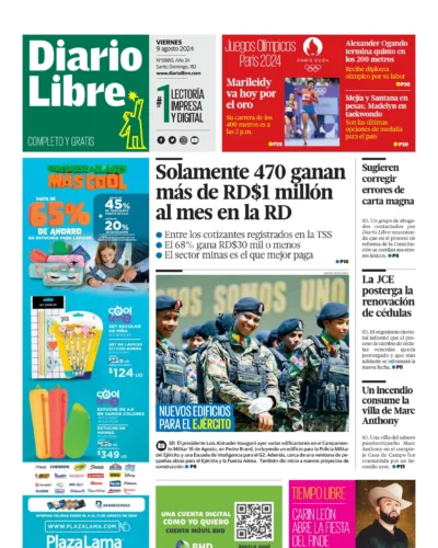 Portada Periódico Diario Libre, Viernes 09 Agosto, 2024