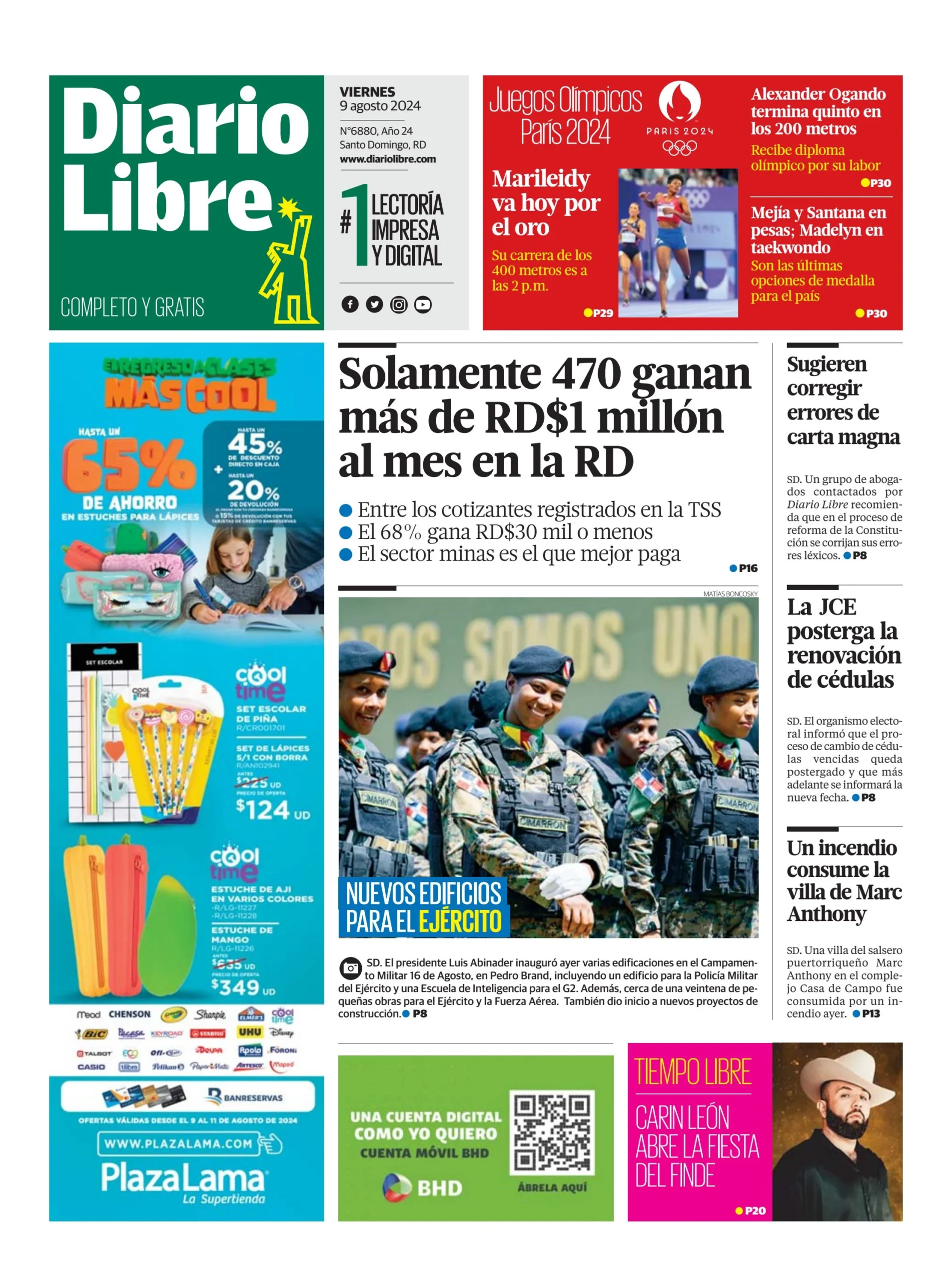 Portada Periódico Diario Libre, Viernes 09 Agosto, 2024