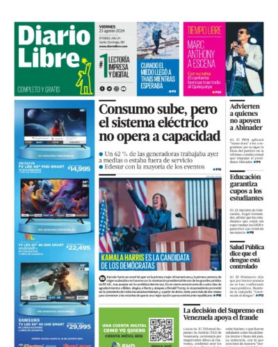 Portada Periódico Diario Libre, Viernes 23 Agosto, 2024