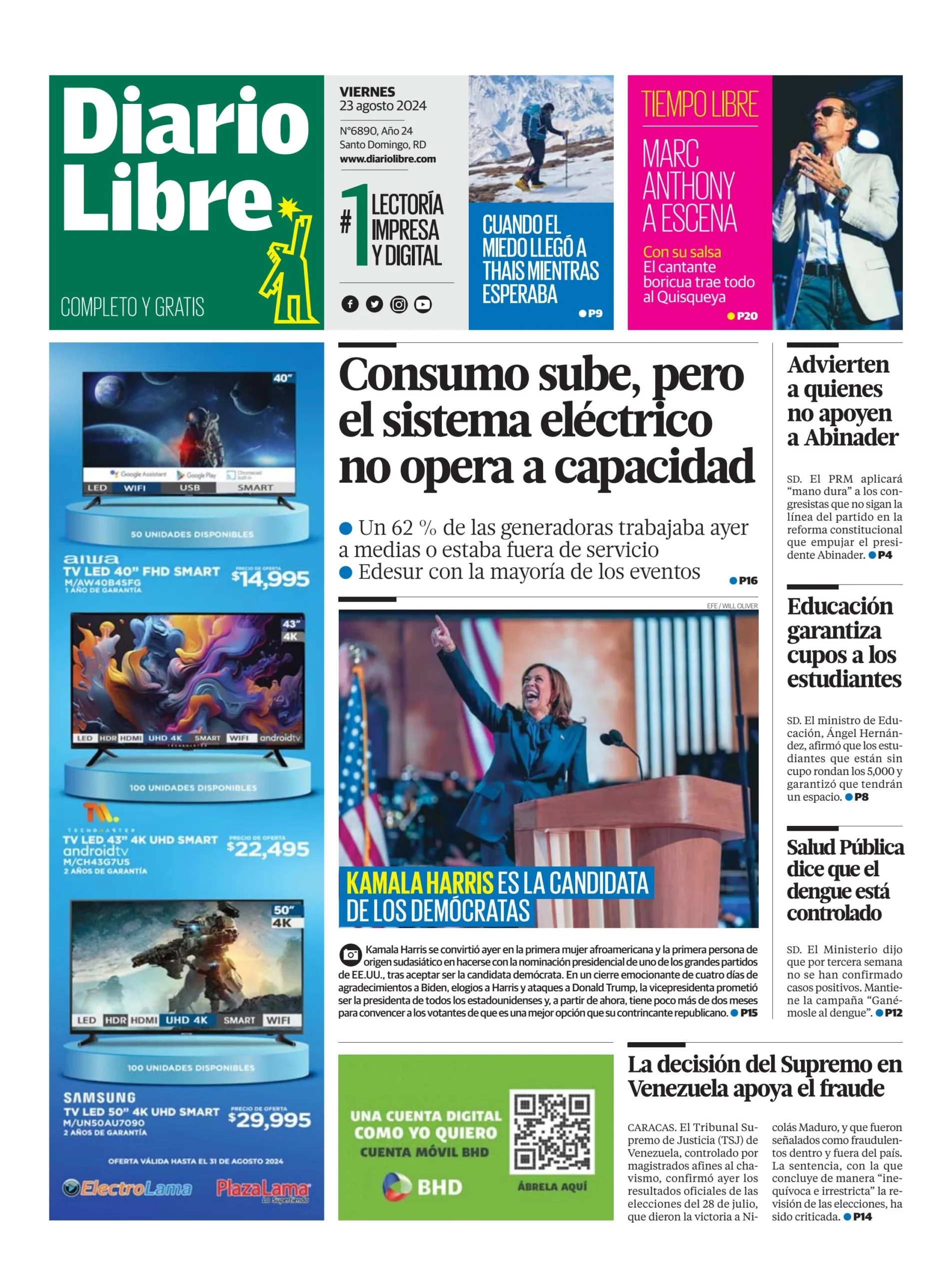 Portada Periódico Diario Libre, Viernes 23 Agosto, 2024