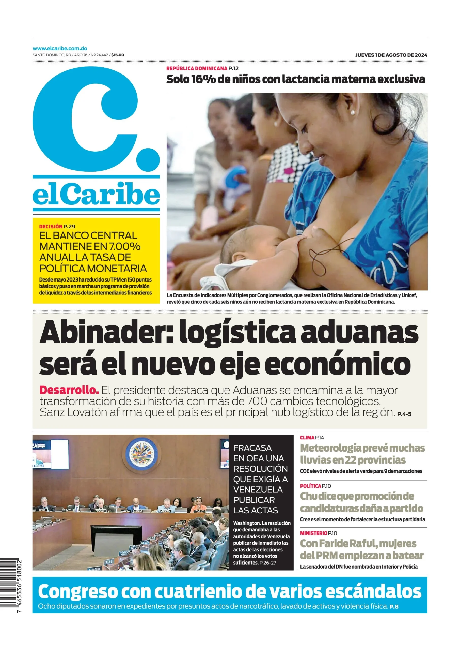 Portada Periódico El Caribe, Jueves 01 Agosto, 2024