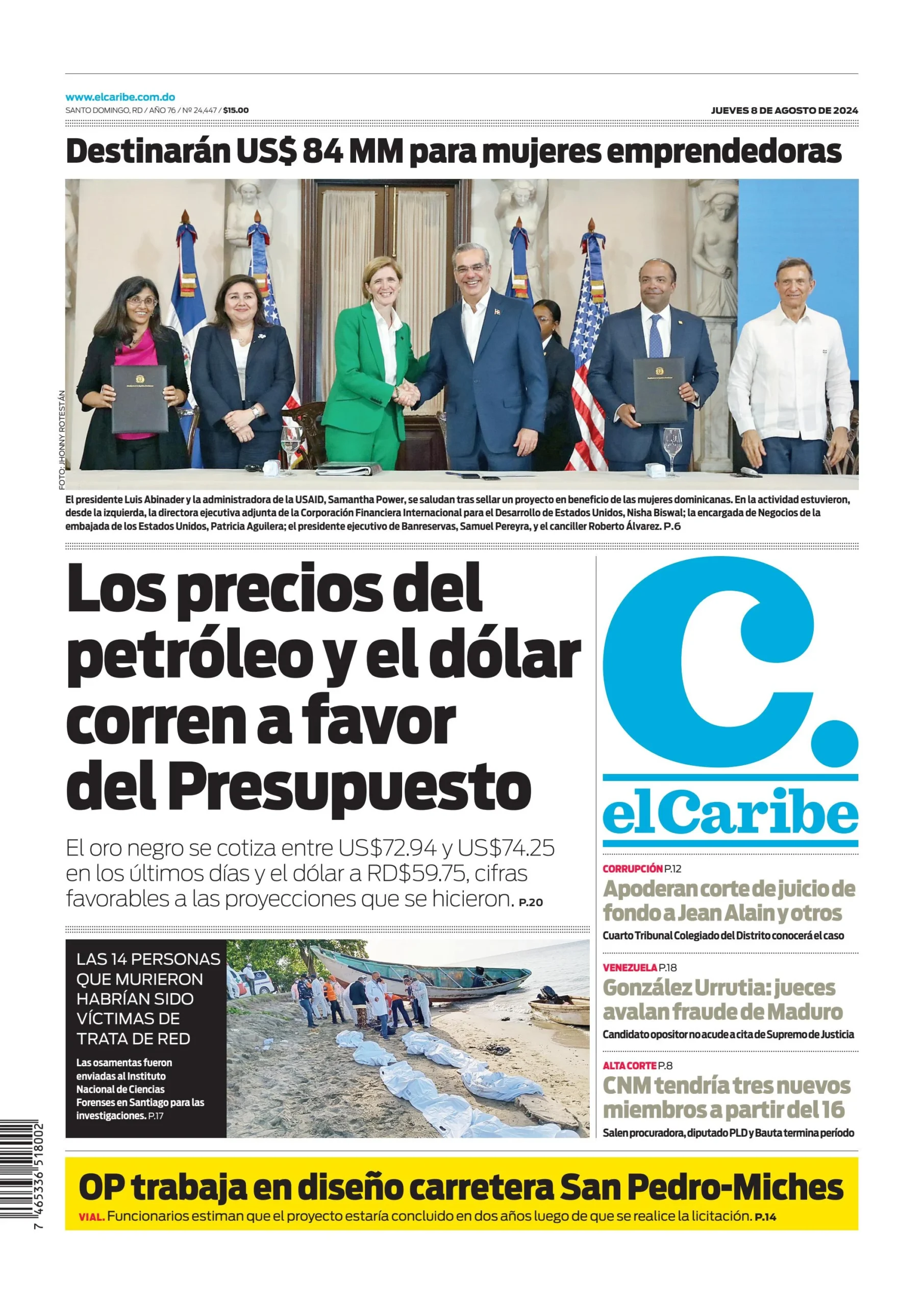 Portada Periódico El Caribe, Jueves 08 Agosto, 2024