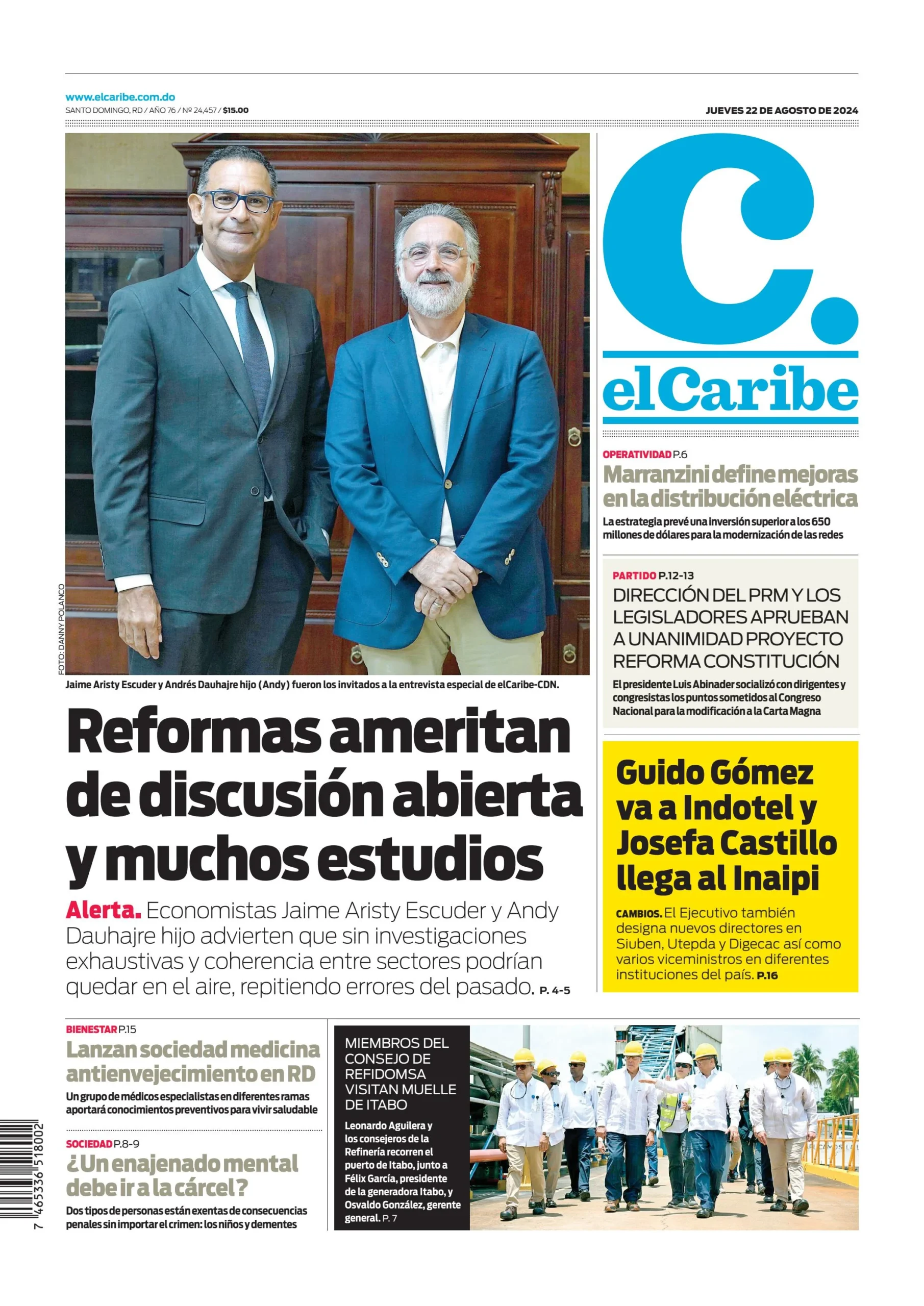 Portada Periódico El Caribe, Jueves 22 Agosto, 2024