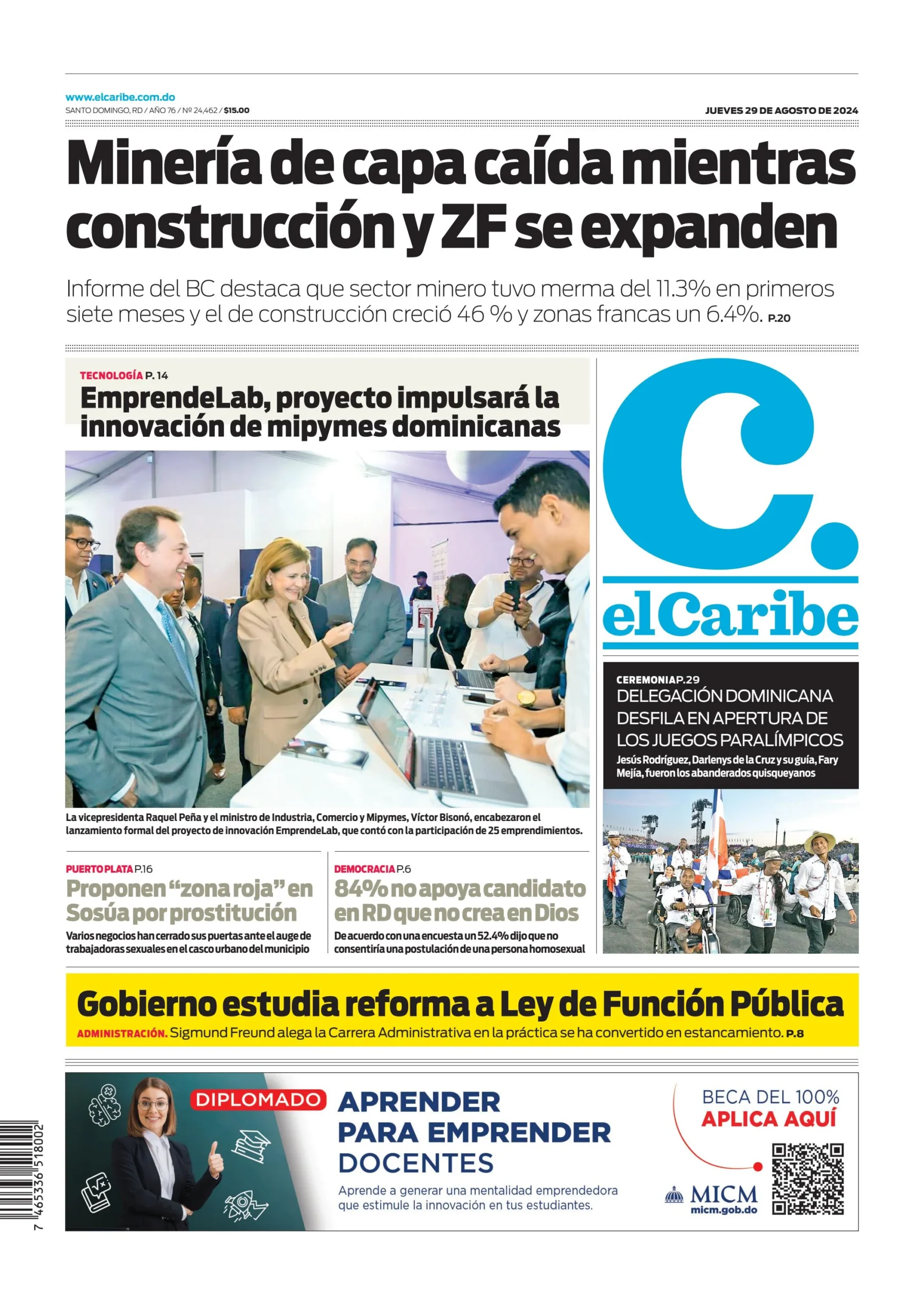 Portada Periódico El Caribe, Jueves 29 Agosto, 2024