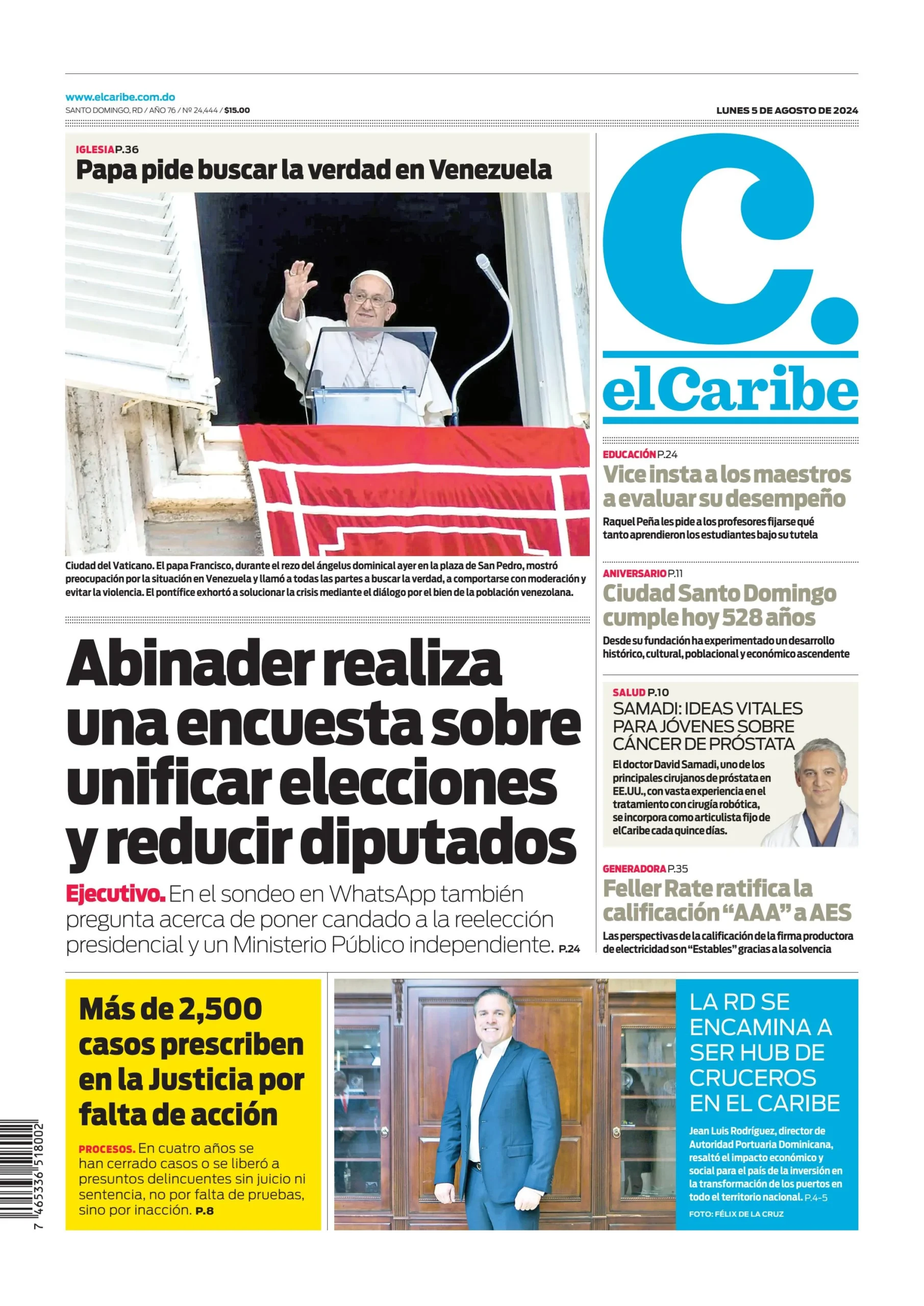 Portada Periódico El Caribe, Lunes 05 Agosto, 2024