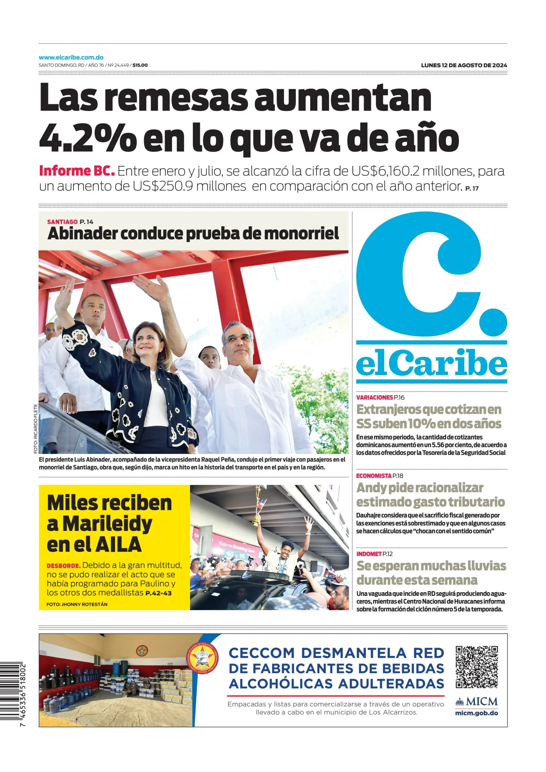 Portada Periódico El Caribe, Lunes 12 Agosto, 2024