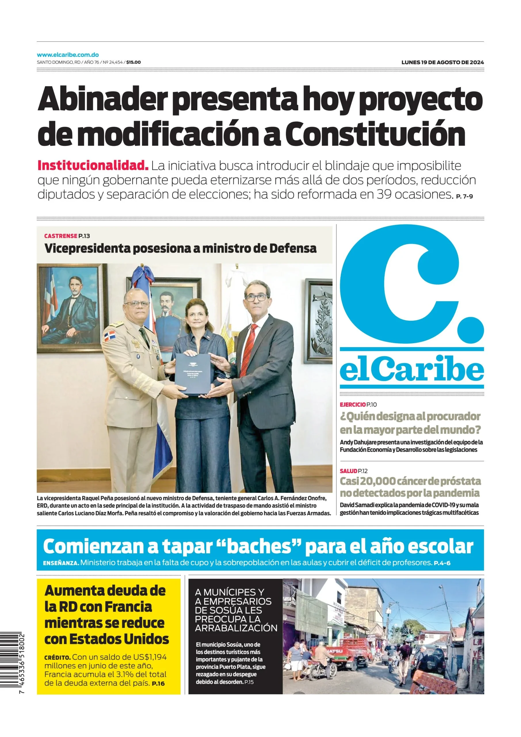 Portada Periódico El Caribe, Lunes 19 Agosto, 2024