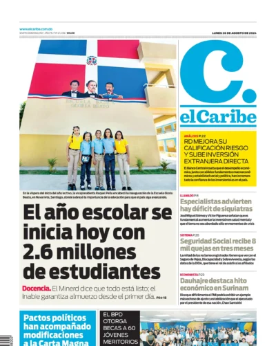 Portada Periódico El Caribe, Lunes 26 Agosto, 2024