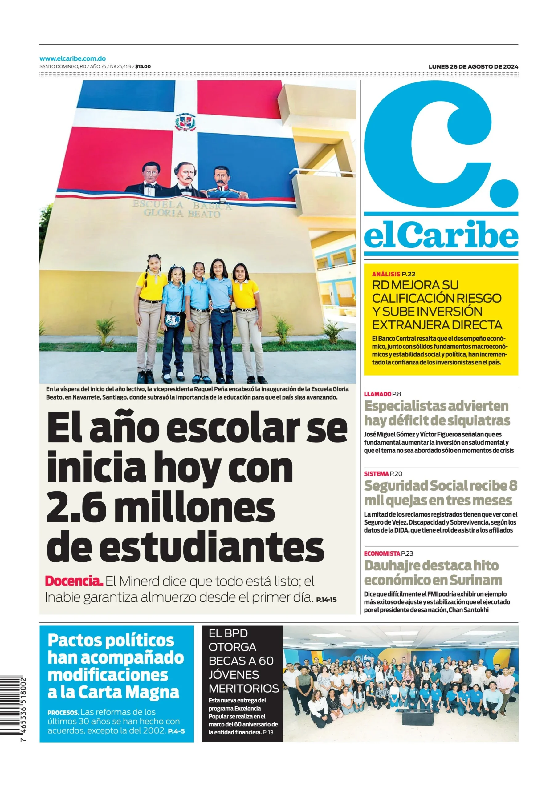 Portada Periódico El Caribe, Lunes 26 Agosto, 2024