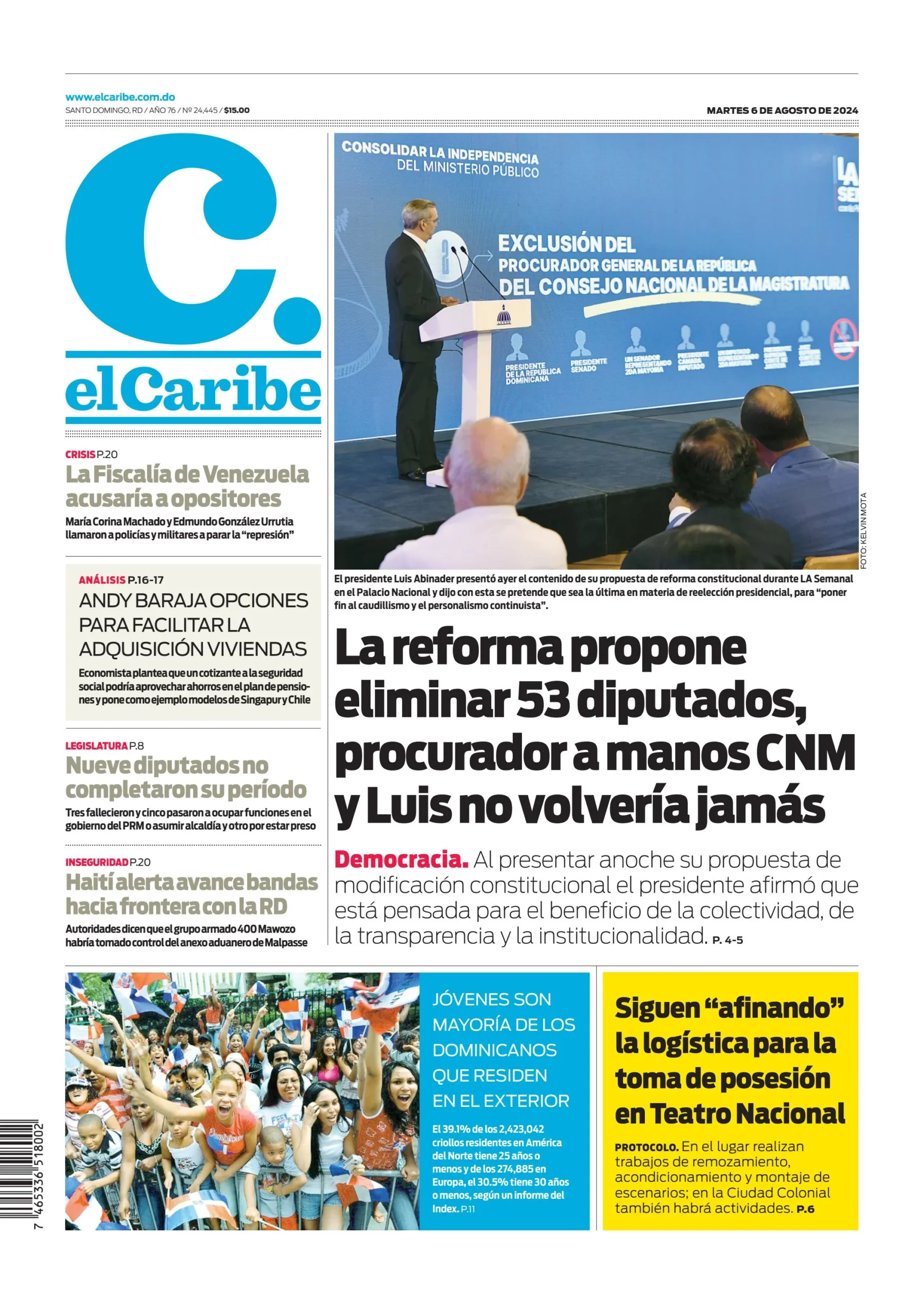 Portada Periódico El Caribe, Martes 06 Agosto, 2024