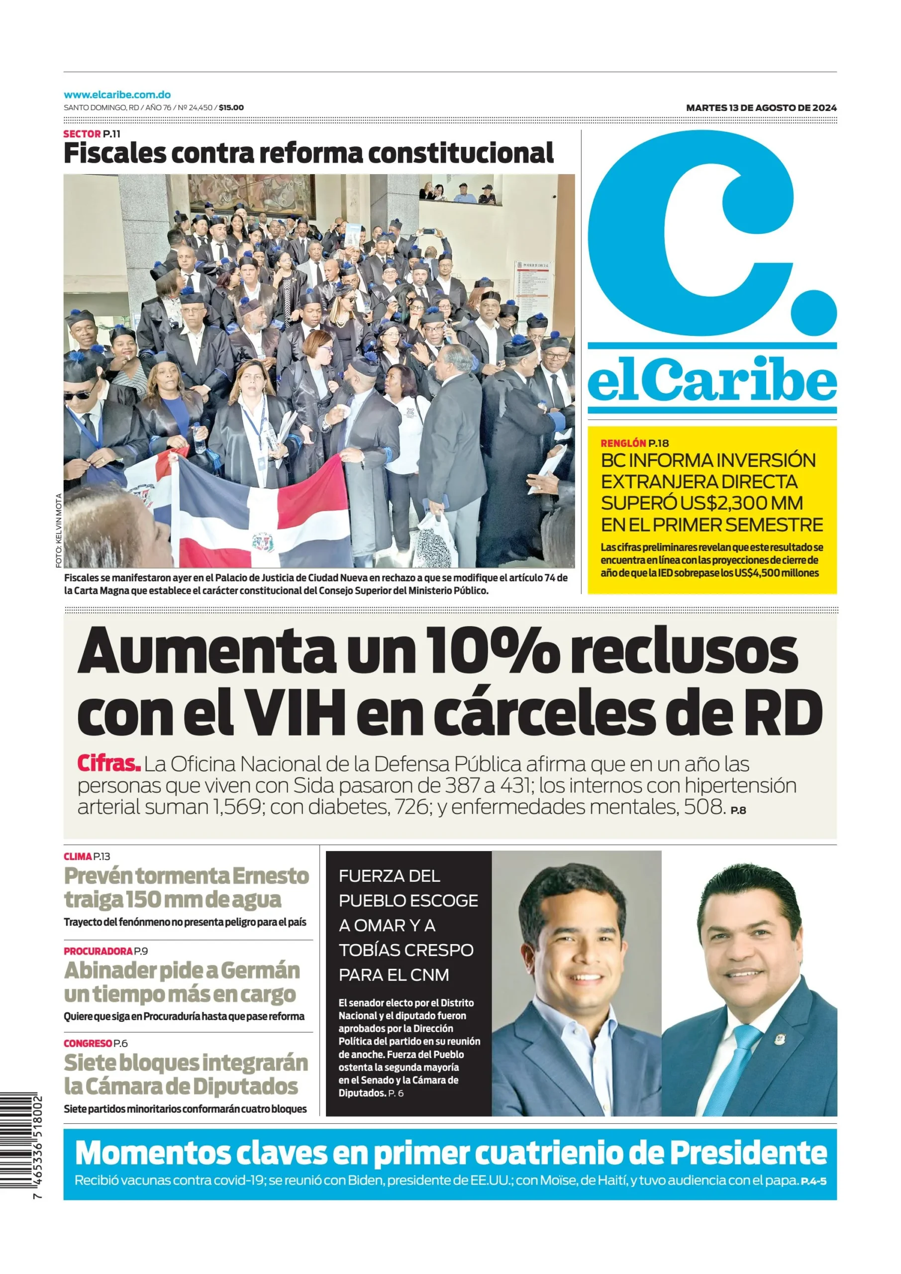 Portada Periódico El Caribe, Martes 13 Agosto, 2024