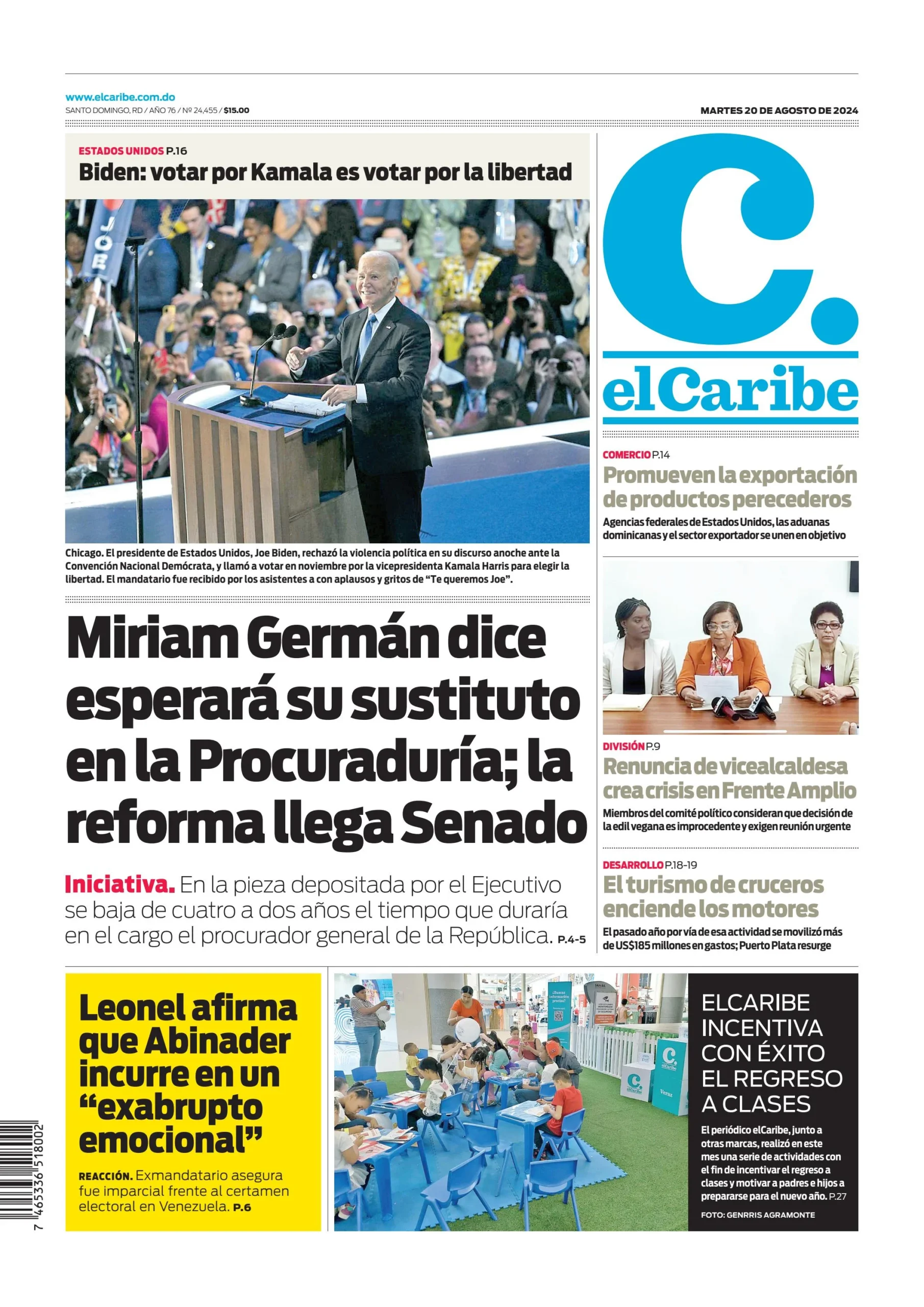 Portada Periódico El Caribe, Martes 20 Agosto, 2024