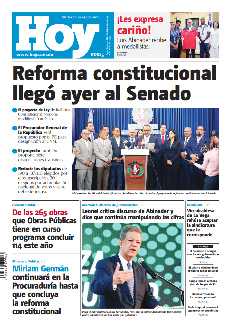 Portada Periódico El Caribe, Martes 20 Agosto, 2024