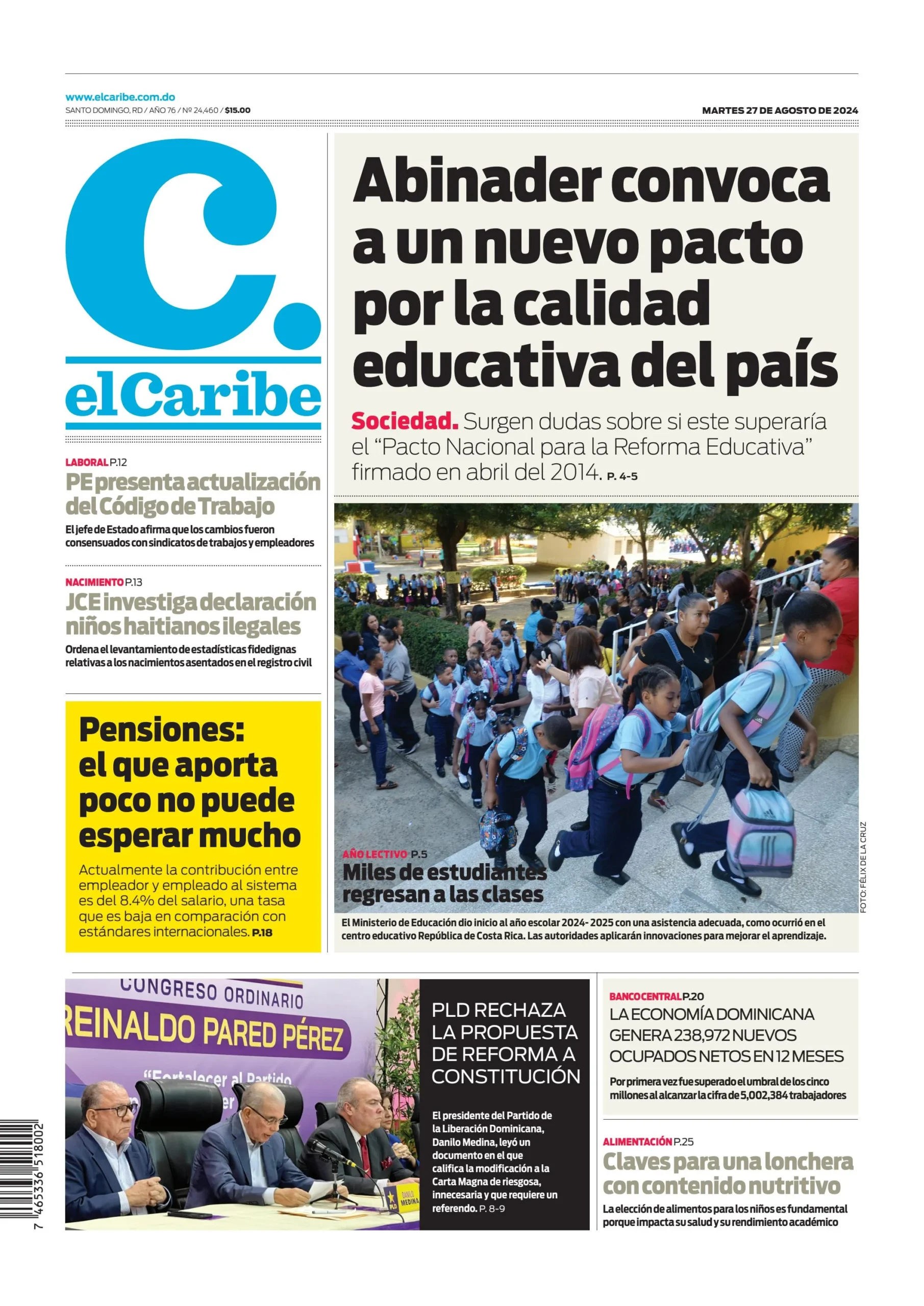 Portada Periódico El Caribe, Martes 27 Agosto, 2024