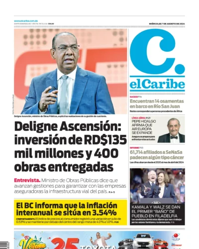 Portada Periódico El Caribe, Miércoles 07 Agosto, 2024