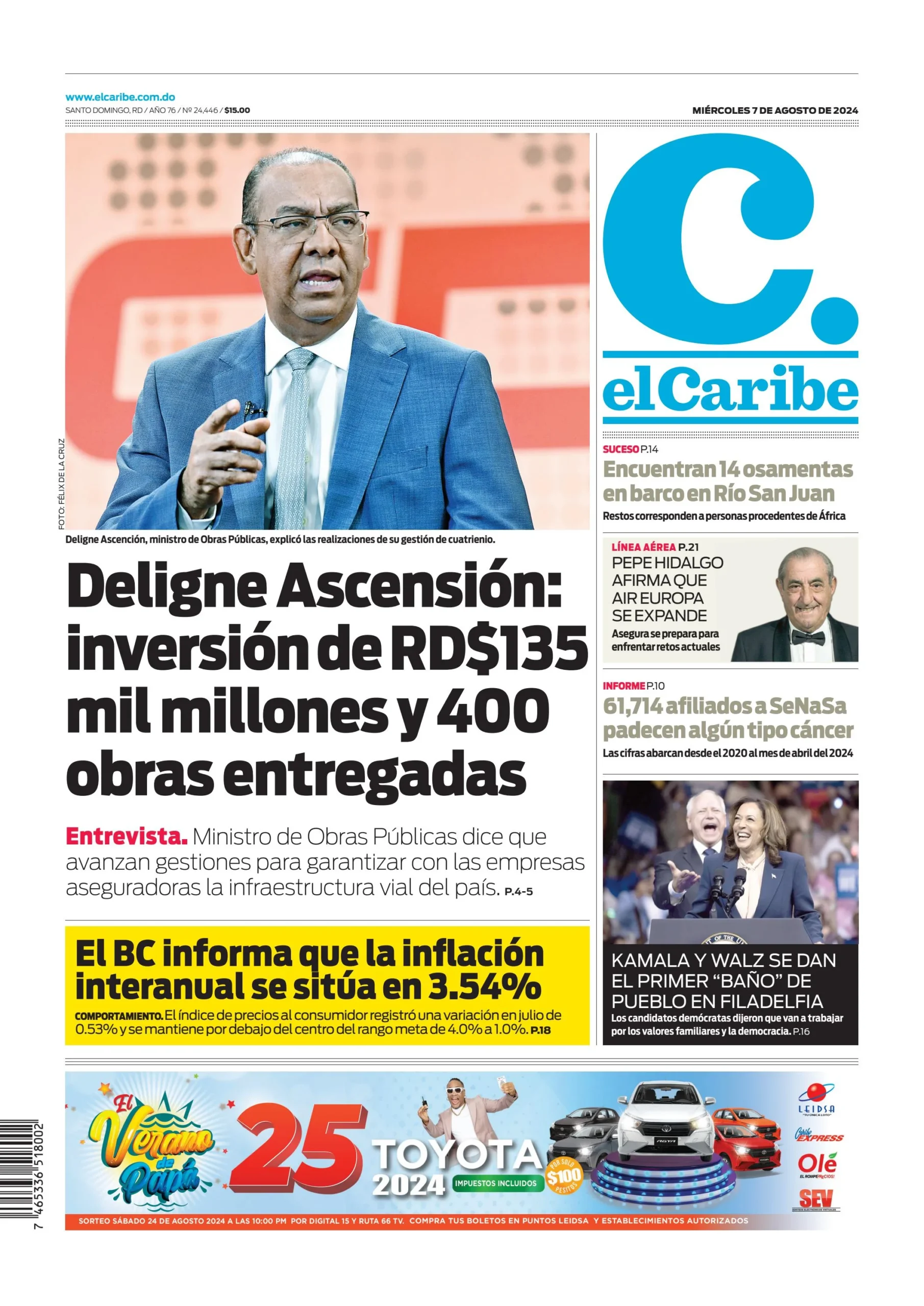 Portada Periódico El Caribe, Miércoles 07 Agosto, 2024