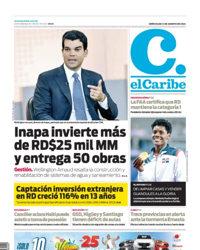 Portada Periódico El Caribe, Miércoles 14 Agosto, 2024