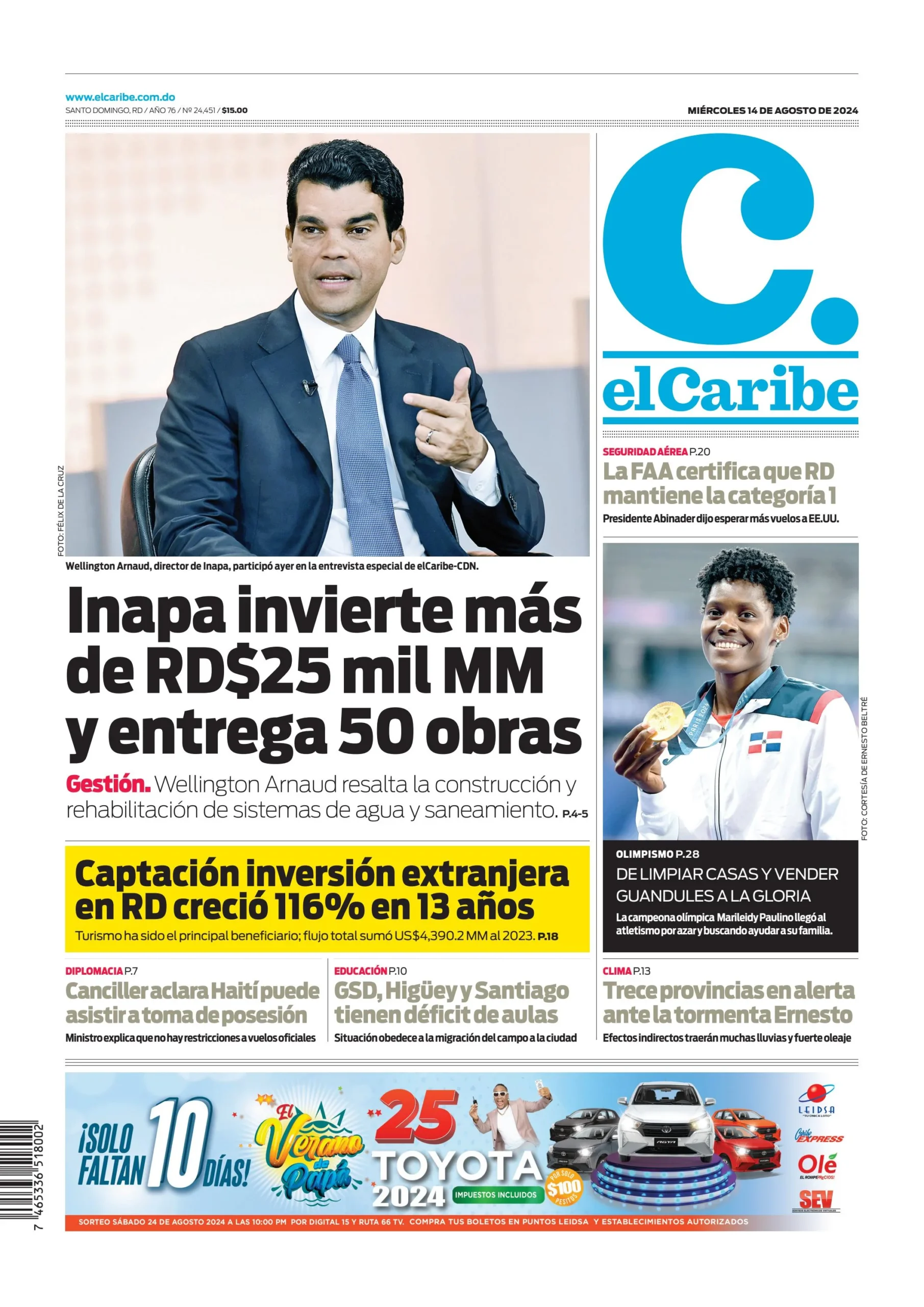 Portada Periódico El Caribe, Miércoles 14 Agosto, 2024