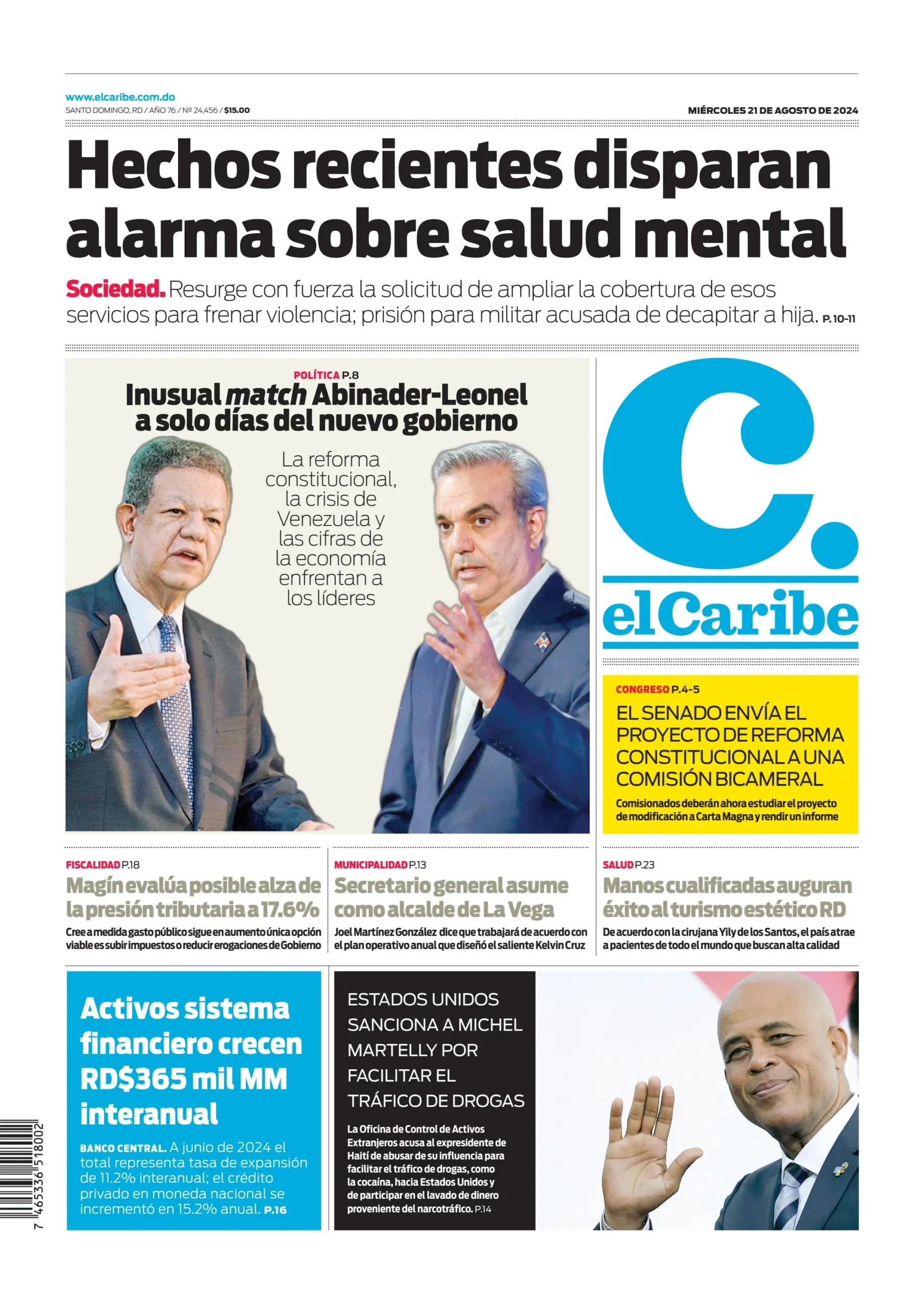 Portada Periódico El Caribe, Miércoles 21 Agosto, 2024