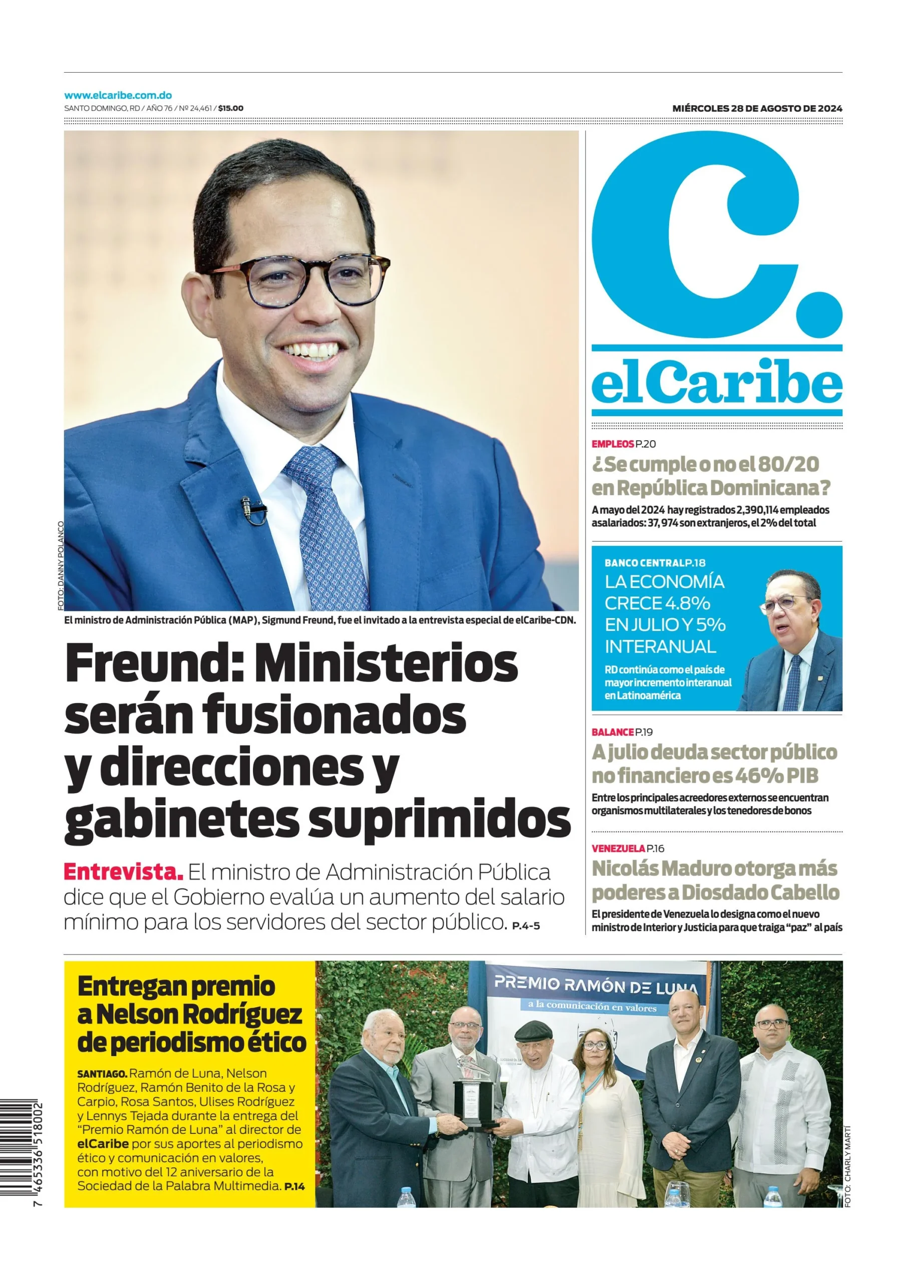 Portada Periódico El Caribe, Miércoles 28 Agosto, 2024