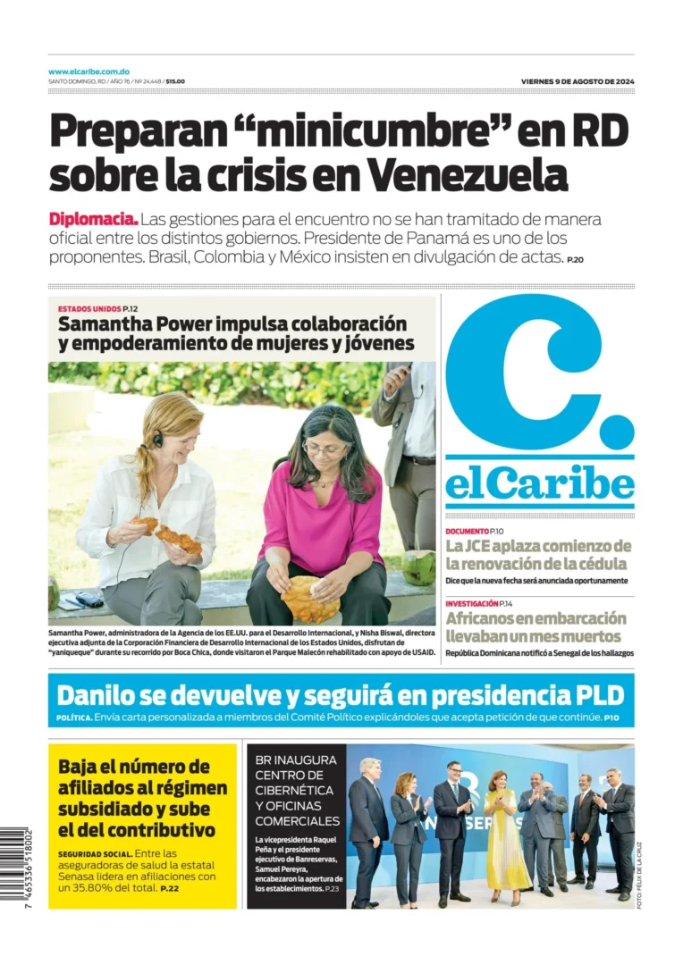 Portada Periódico El Caribe, Viernes 09 Agosto, 2024