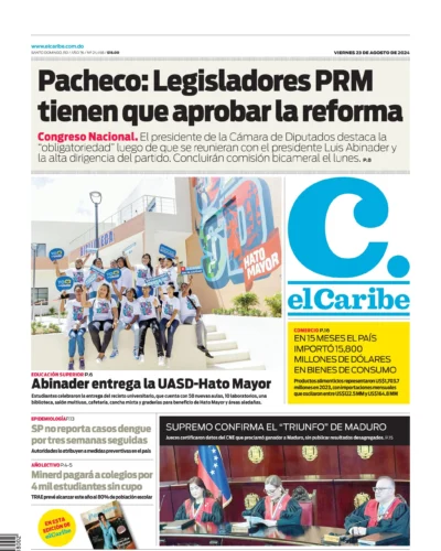 Portada Periódico El Caribe, Viernes 23 Agosto, 2024