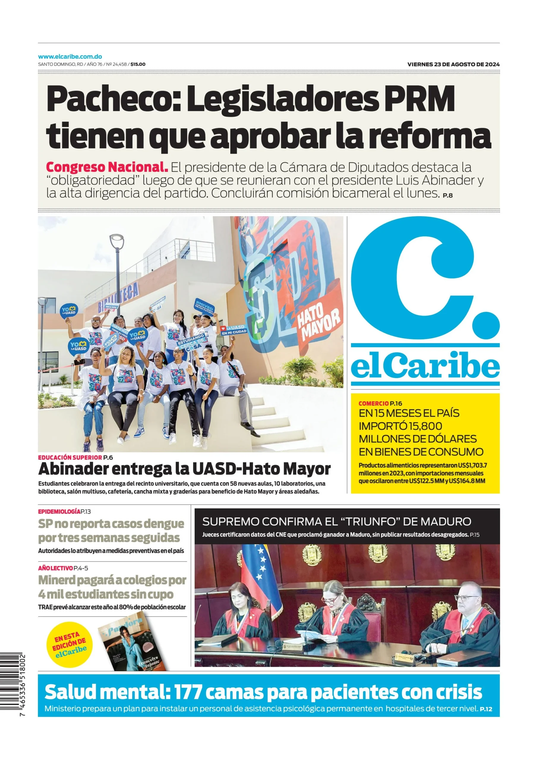 Portada Periódico El Caribe, Viernes 23 Agosto, 2024