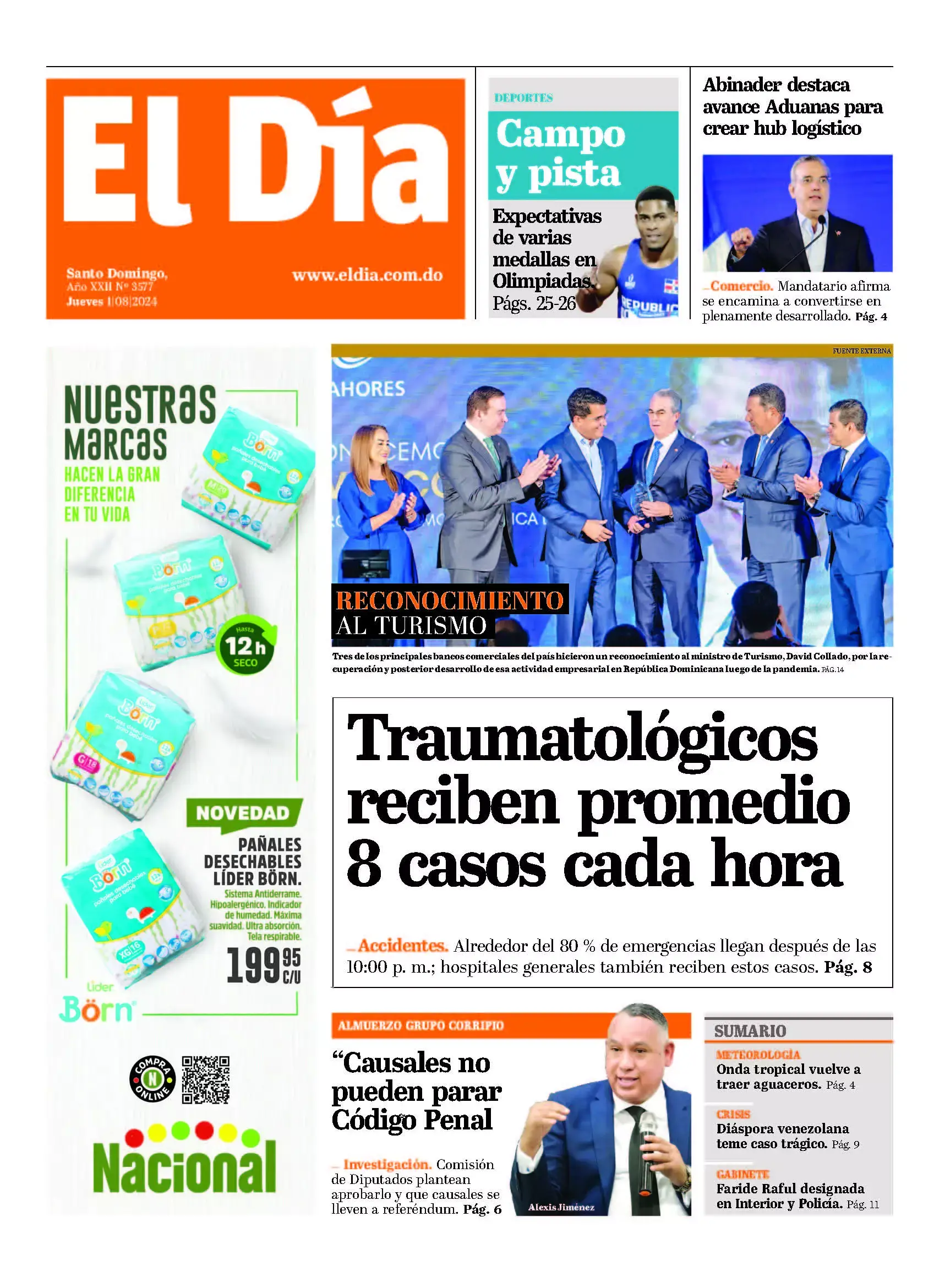 Portada Periódico El Día, Jueves 01 Agosto, 2024