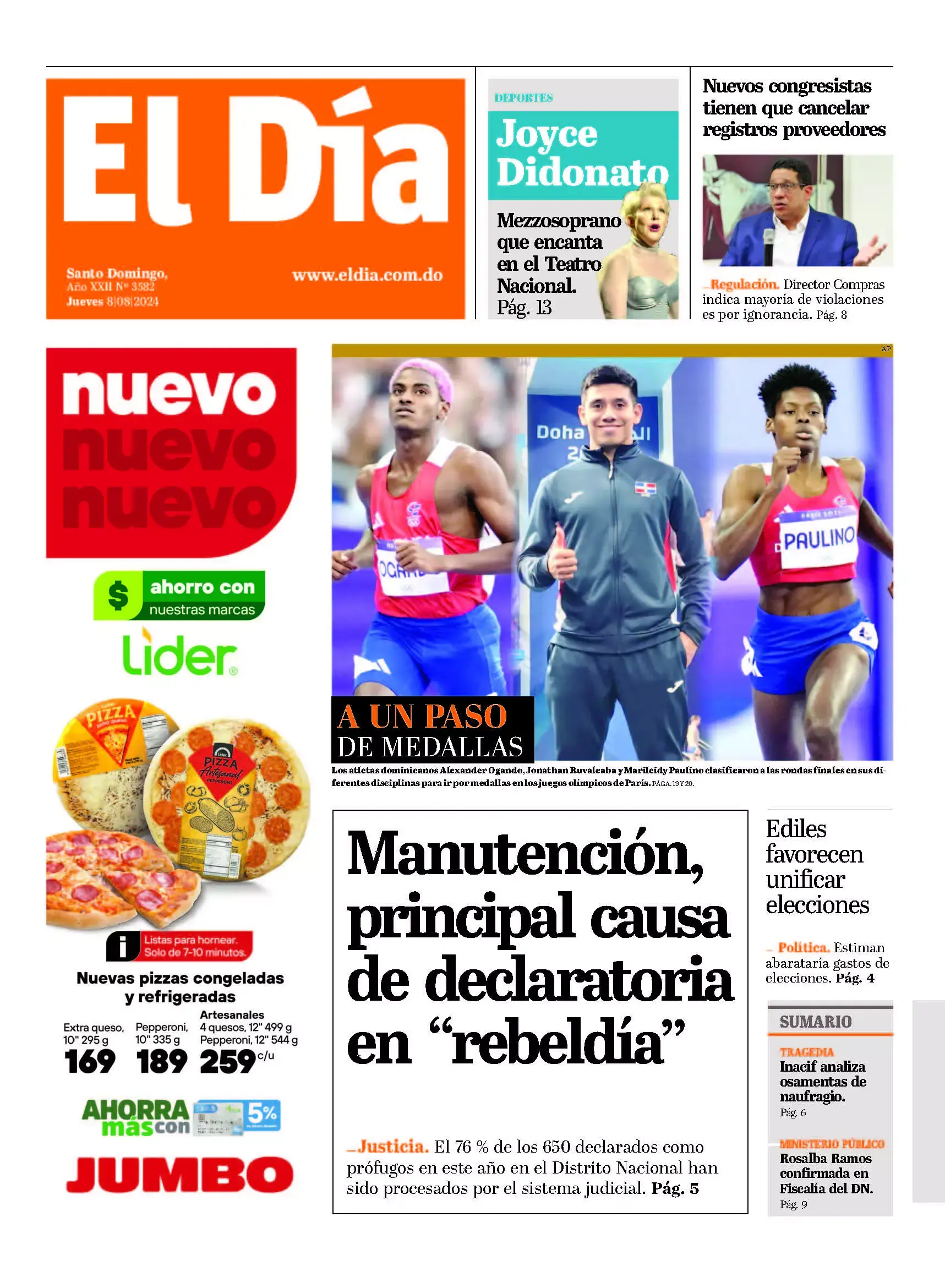 Portada Periódico El Día, Jueves 08 Agosto, 2024