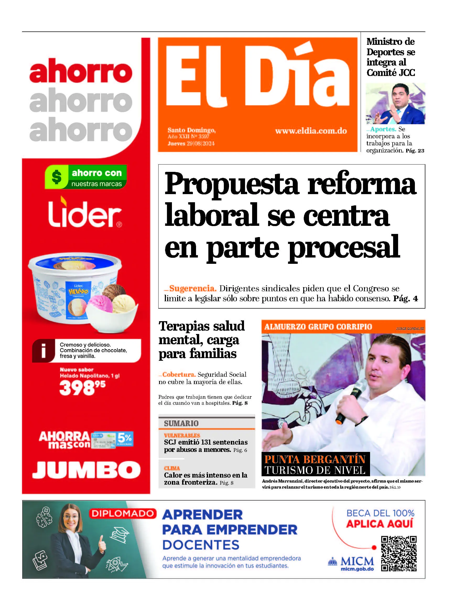 Portada Periódico El Día, Jueves 29 Agosto, 2024