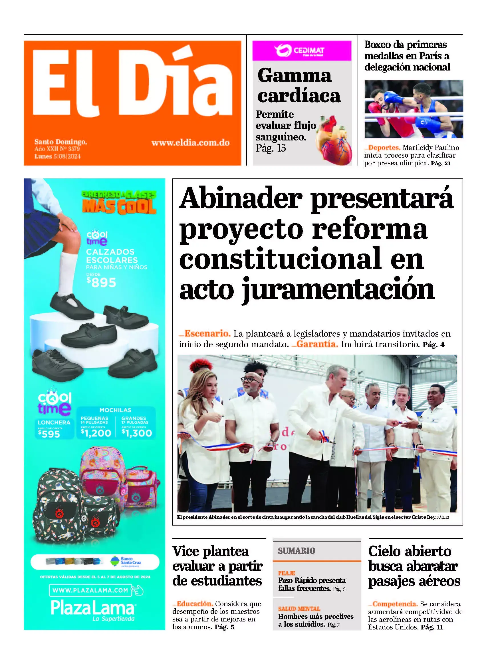 Portada Periódico El Día, Lunes 05 Agosto, 2024