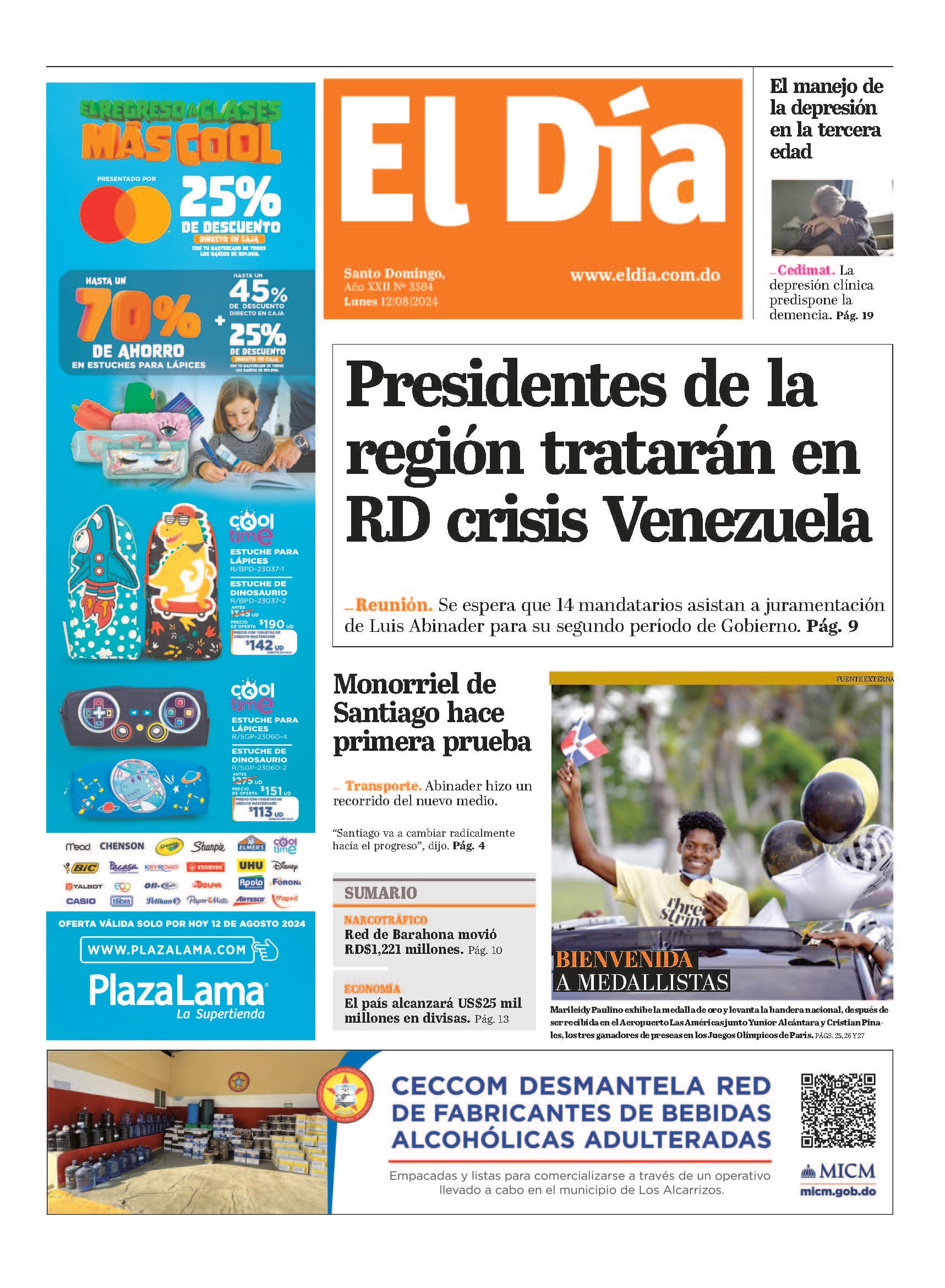 Portada Periódico El Día, Lunes 12 Agosto, 2024