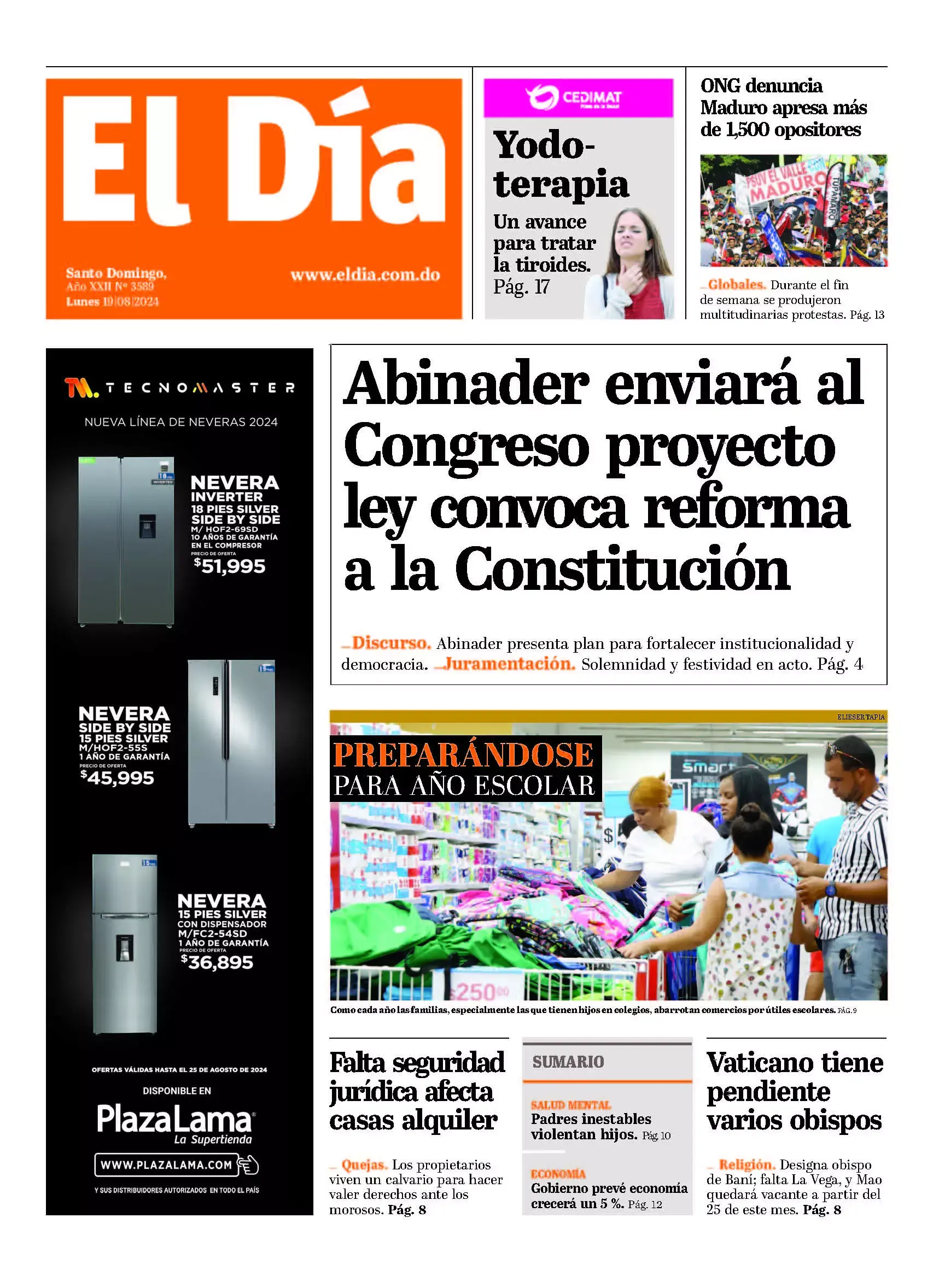 Portada Periódico El Día, Lunes 19 Agosto, 2024